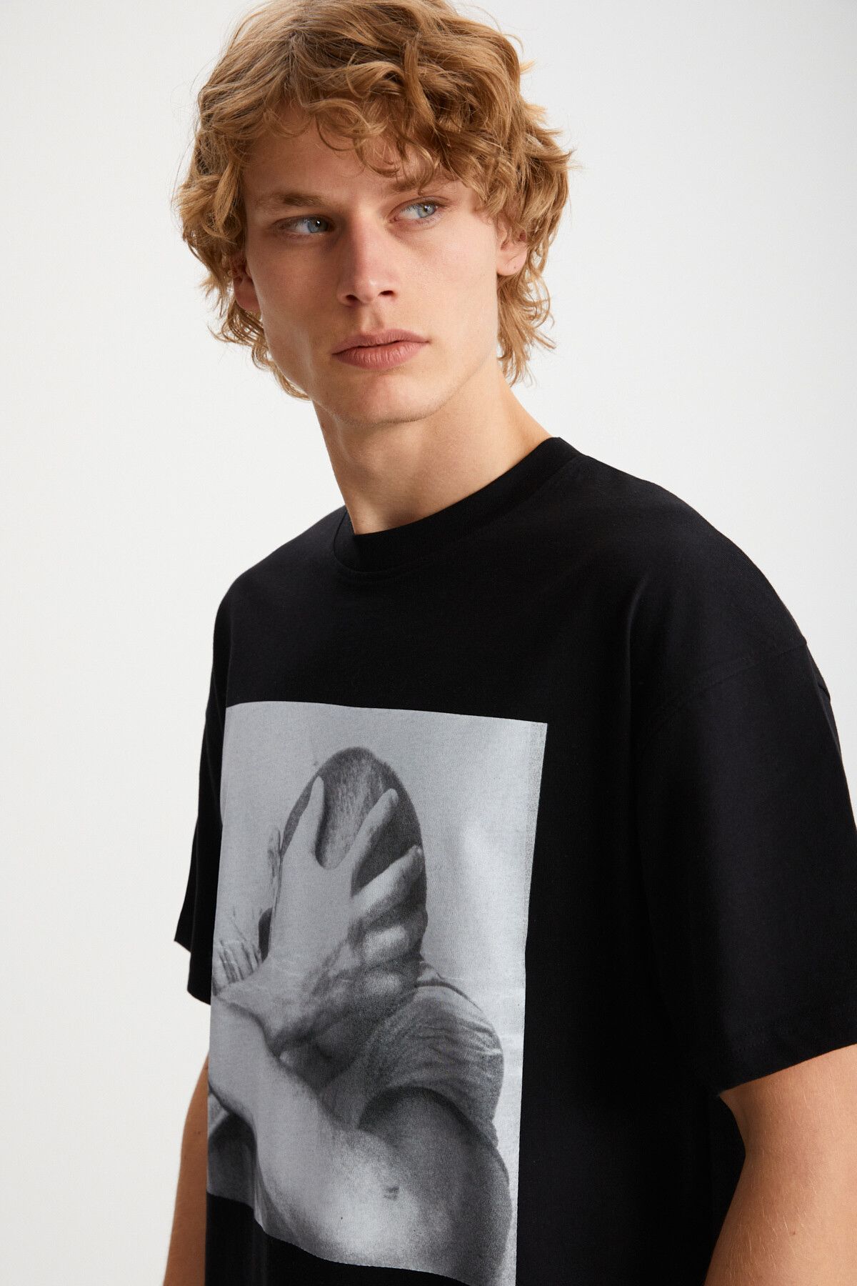 GRIMELANGE-Tricou negru din bumbac organic Elvis pentru bărbați, cu imprimeu cu textura groasă, cu croiala supradimensionată și 100 5