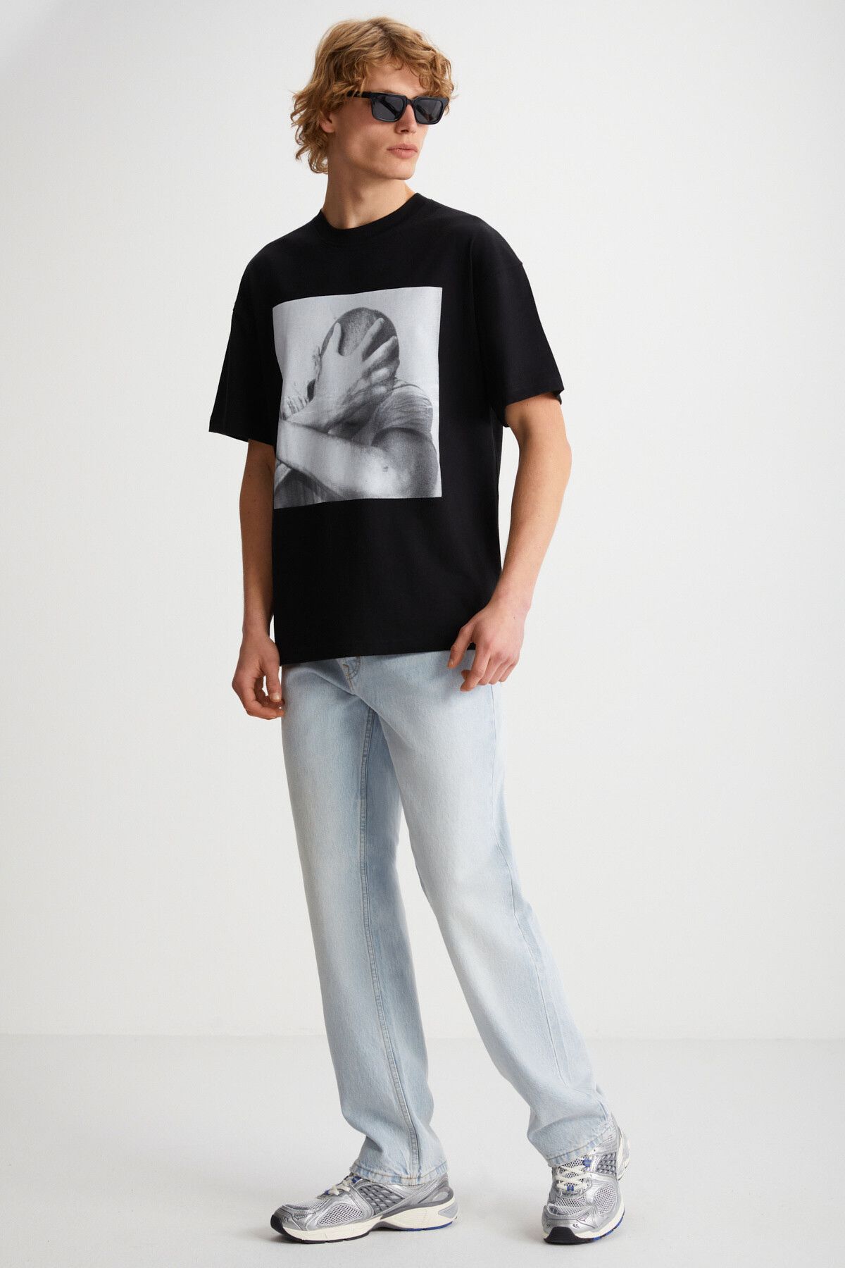 GRIMELANGE-Tricou negru din bumbac organic Elvis pentru bărbați, cu imprimeu cu textura groasă, cu croiala supradimensionată și 100 2