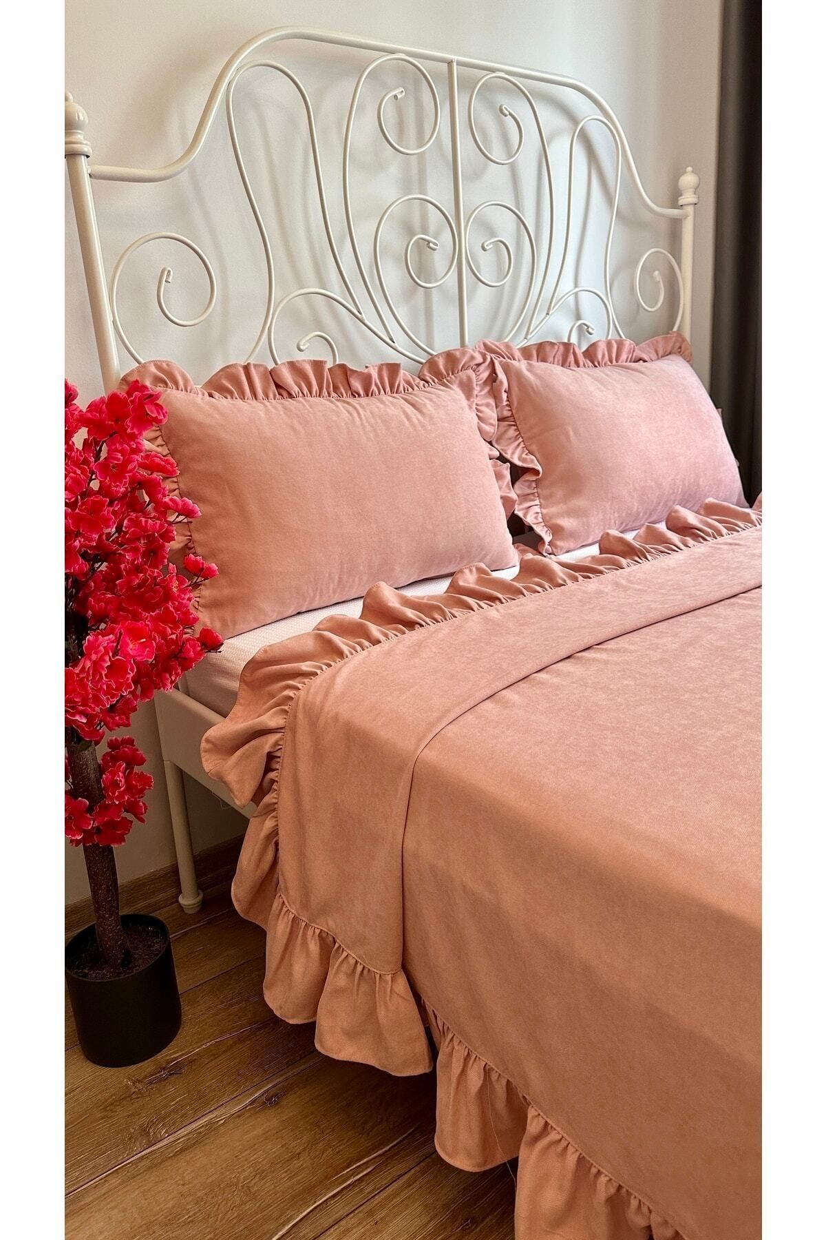Decamor home-طقم مفرش سرير وردي مسحوق مكشكش لشخص واحد 2