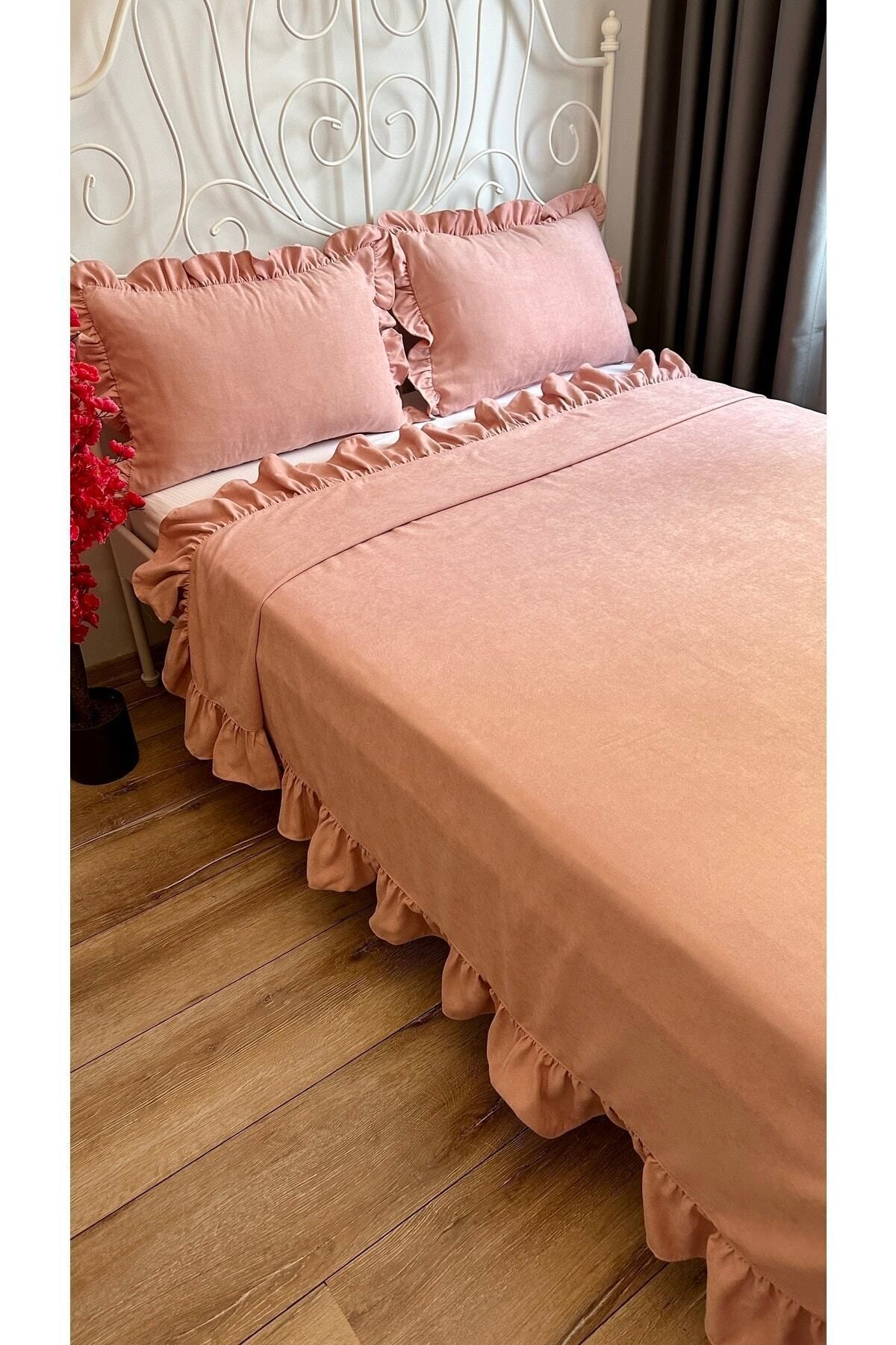 Decamor home-طقم مفرش سرير وردي مسحوق مكشكش لشخص واحد 7