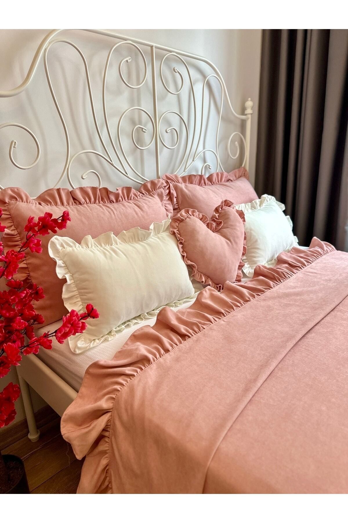 Decamor home-طقم مفرش سرير وردي مسحوق مكشكش لشخص واحد 3