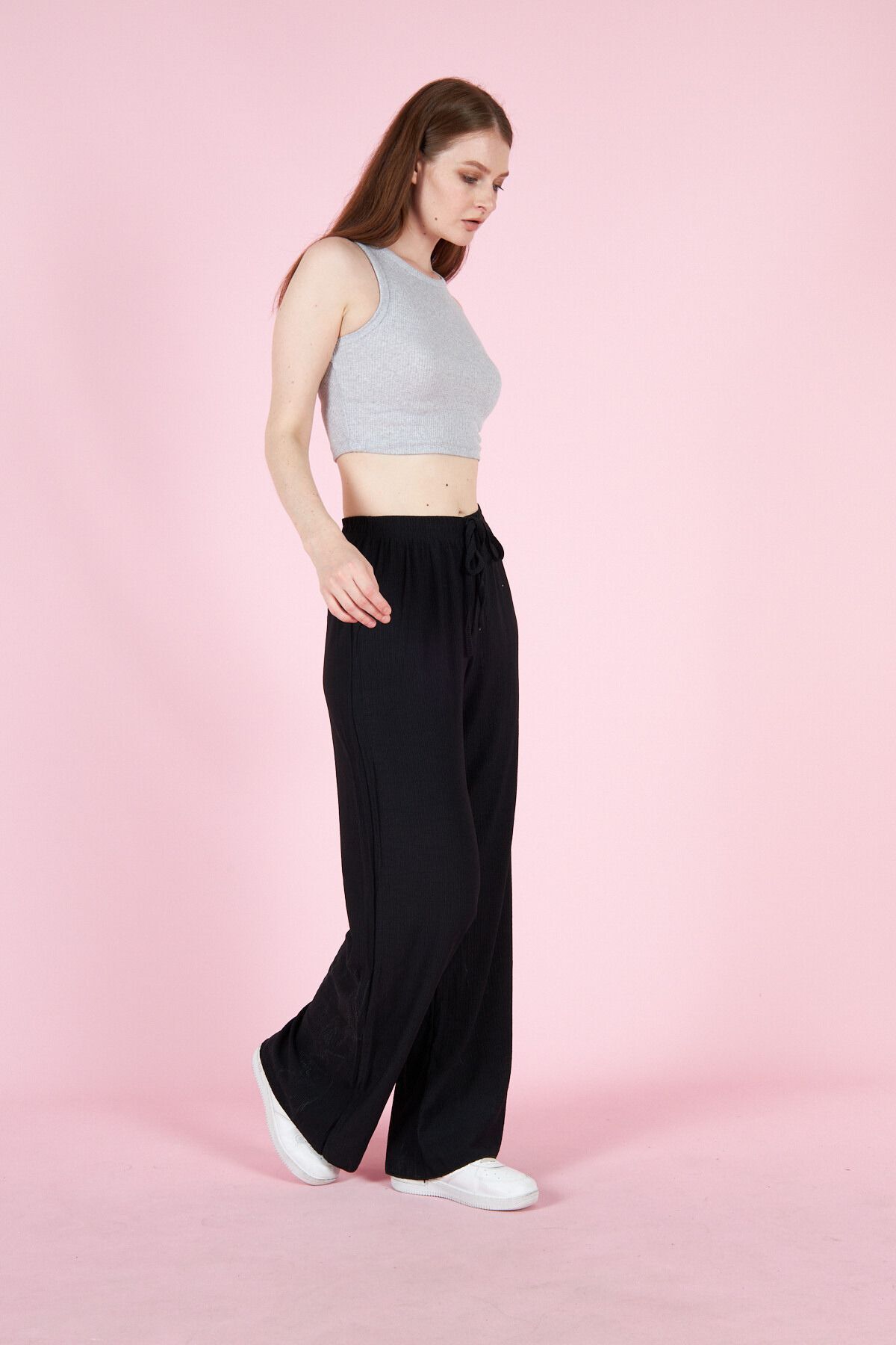 YAKAMEL-Women's Black Textured Loose Summer Stretchy Palazzo Pants 3