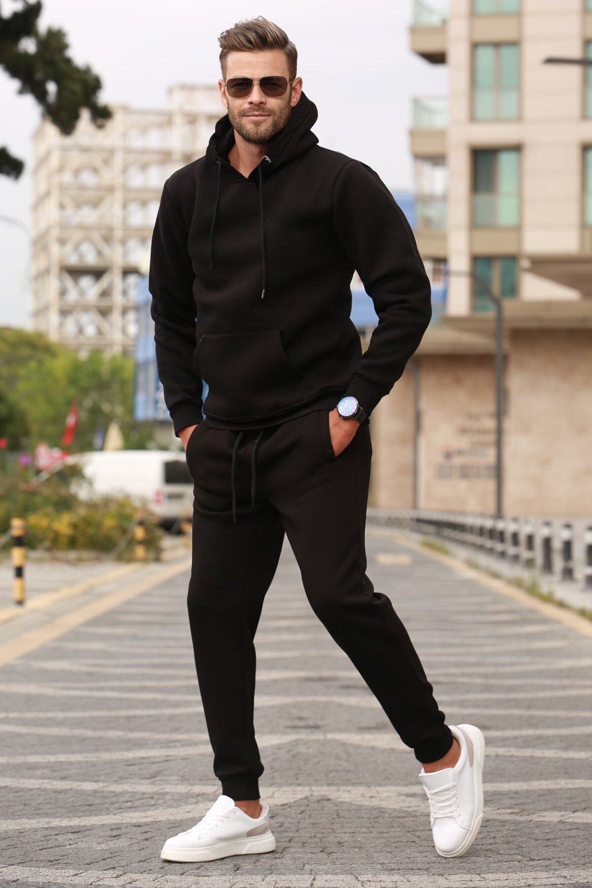 mens black hooded pouffe 3-point raised cotton tracksuit
