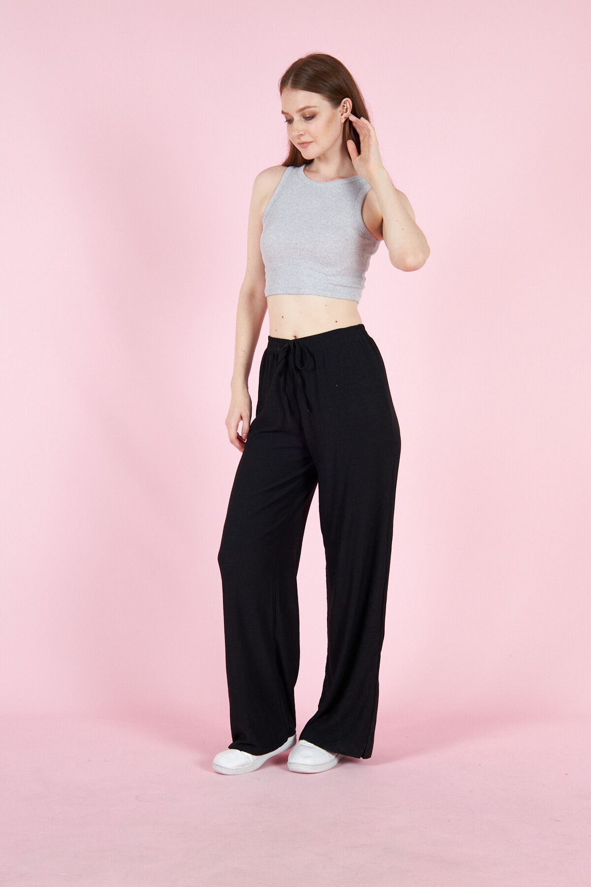 YAKAMEL-Women's Black Textured Loose Summer Stretchy Palazzo Pants 5