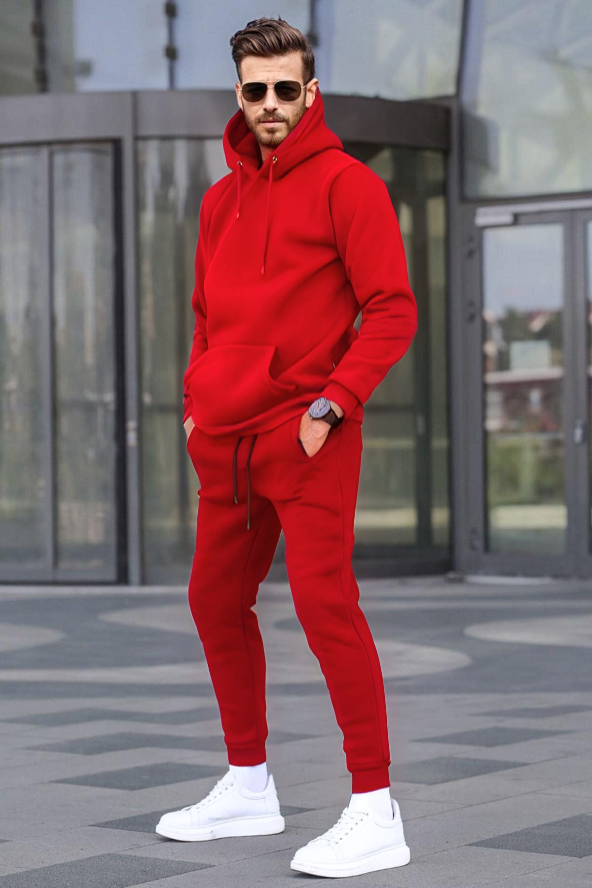 mens red hooded pouffe 3-point raised cotton  tracksuit