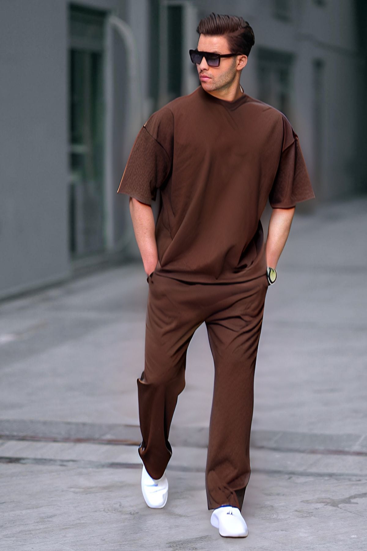 Erkek Yazlık Bisiklet Yaka Oversize Eşofman Takımı — قهوه‌ای ykmltkstl2