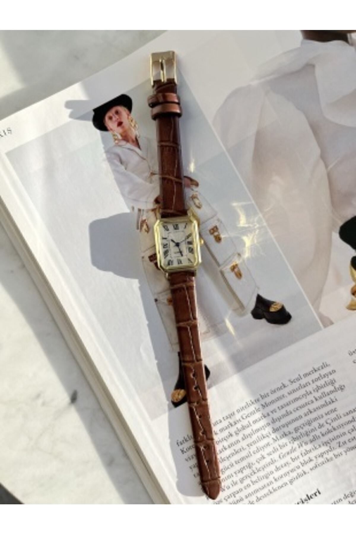QUARTZ  Özel Seri Oval Model Koyu Kahve Renk Kordon Minimal Vintage Kadın Kol Saati - Görsel 3