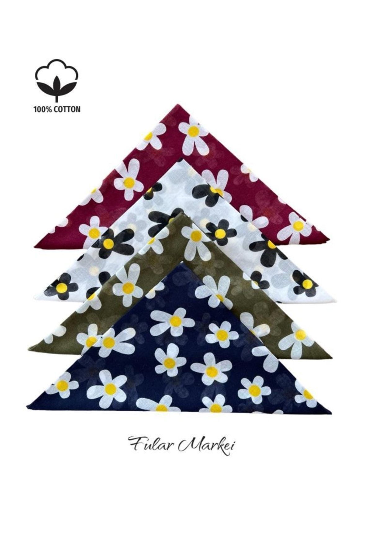 % 100 Pamuk 4 Adet Daisy Desen Bandana Bordo Beyaz Haki Lacivert 3