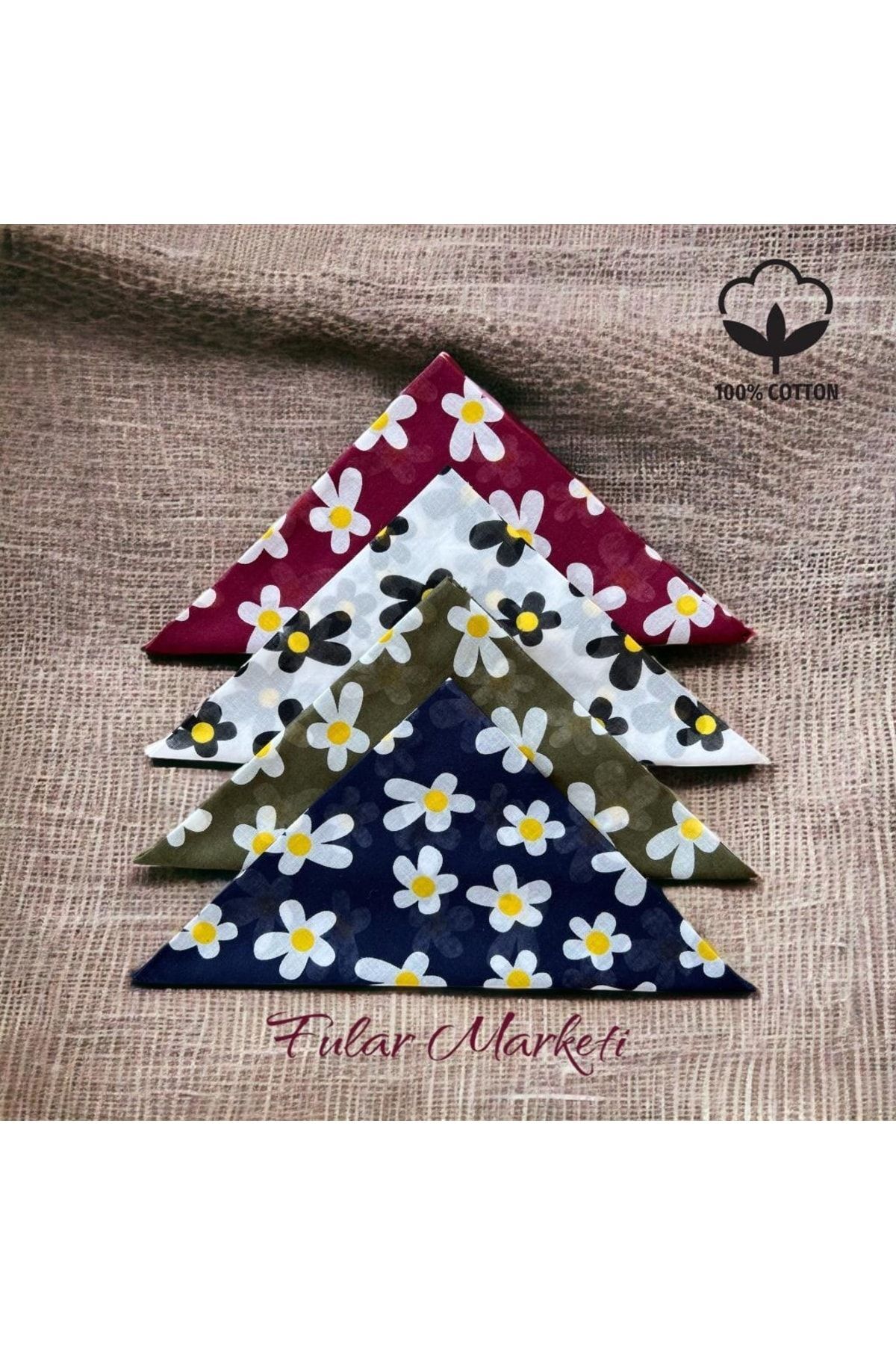% 100 Pamuk 4 Adet Daisy Desen Bandana Bordo Beyaz Haki Lacivert 2