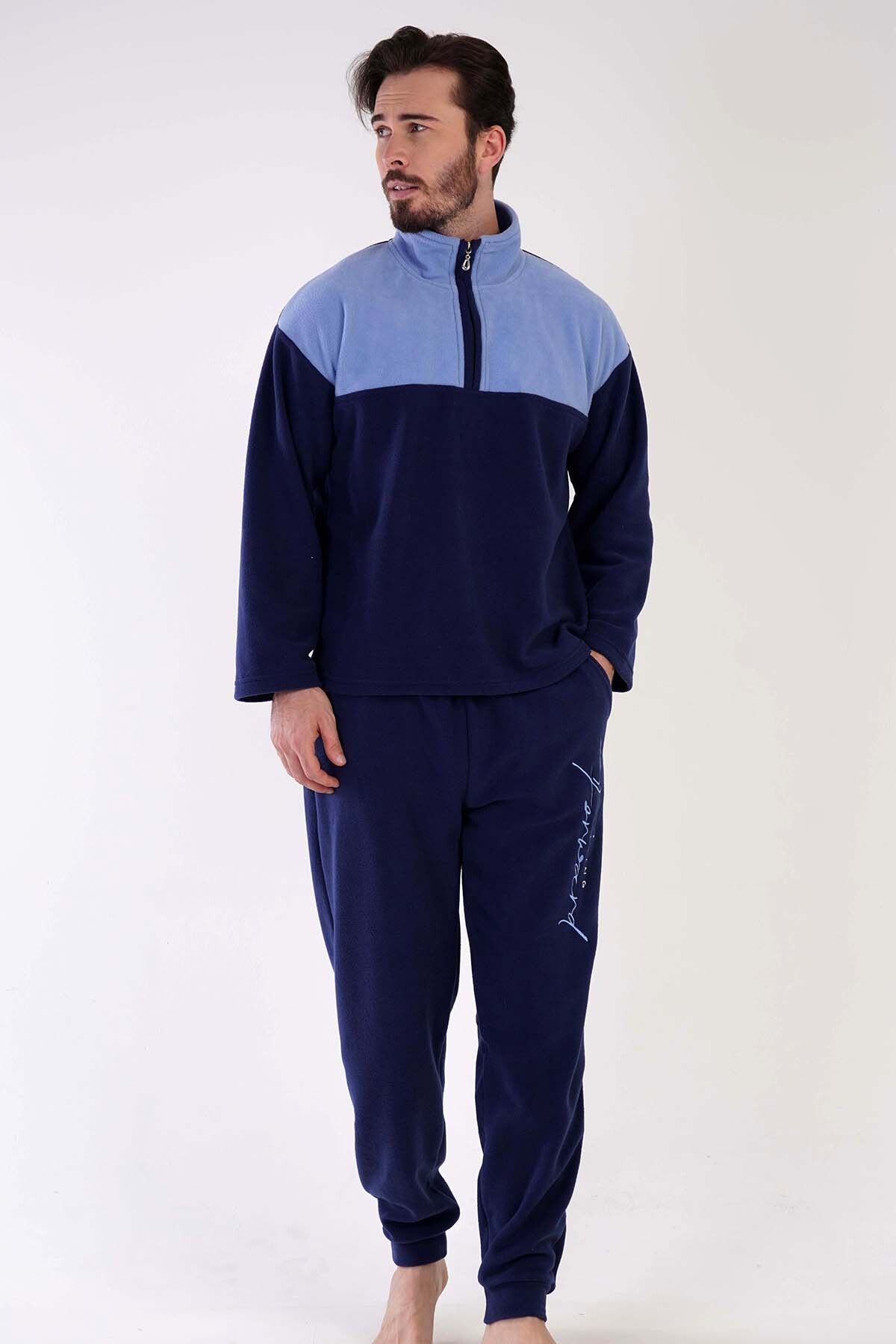 VİENETTA-Men's Fleece Collar Low Shoulder Pajama Set - Long Sleeve, 303186 2
