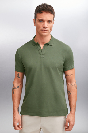 GRIMELANGE MARTEN Erkek %100 Pamuk Kısa Kollu Regular Fit Haki Polo Yaka T-shirt