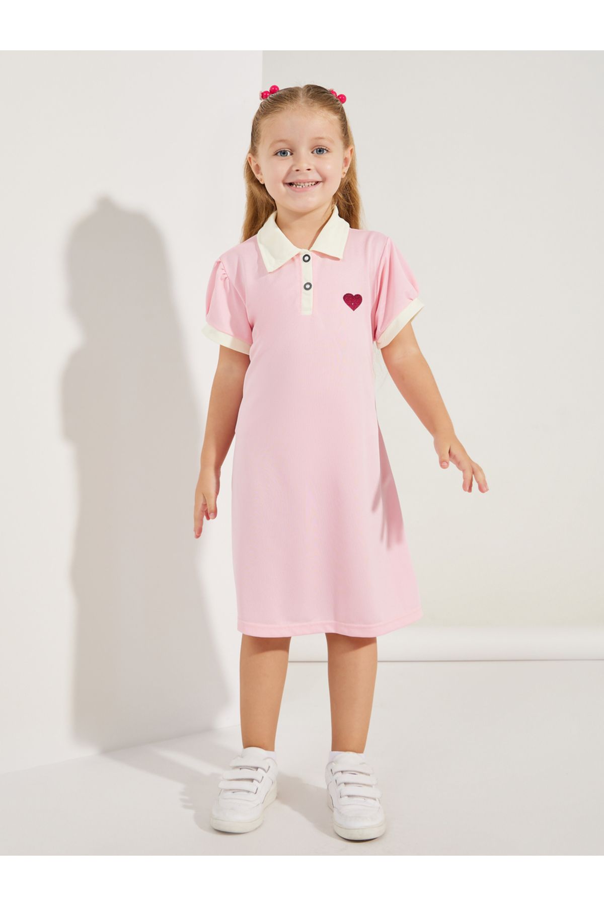 Styli-Preppy Heart Embroidery Cotton Polo Dress 1