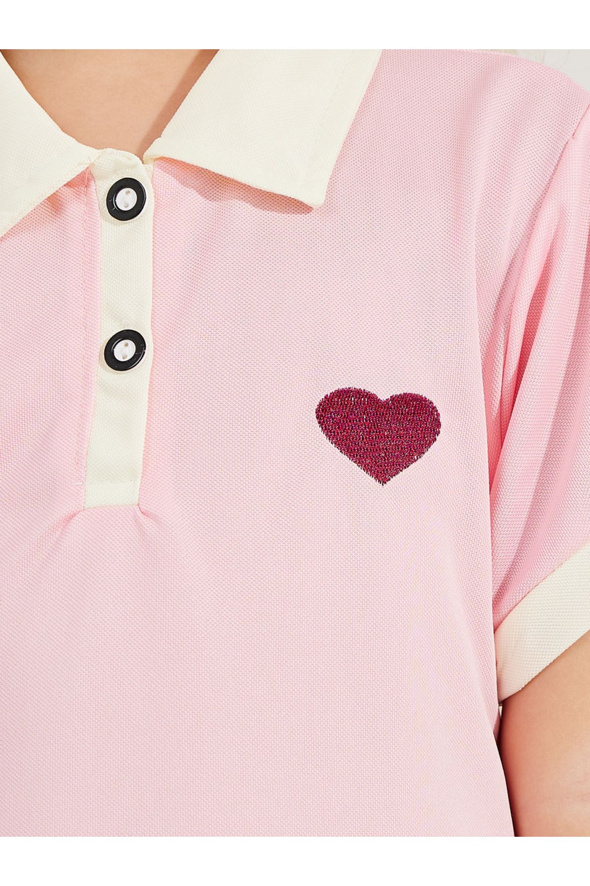 Styli-Preppy Heart Embroidery Cotton Polo Dress 3