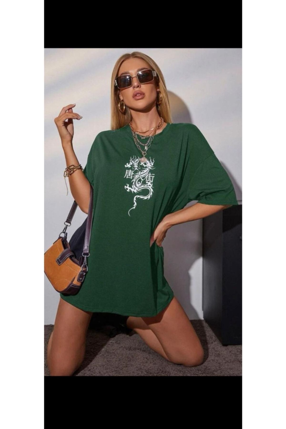 MOONBULL-Tricou de damă cu imprimeu Dragon verde 1