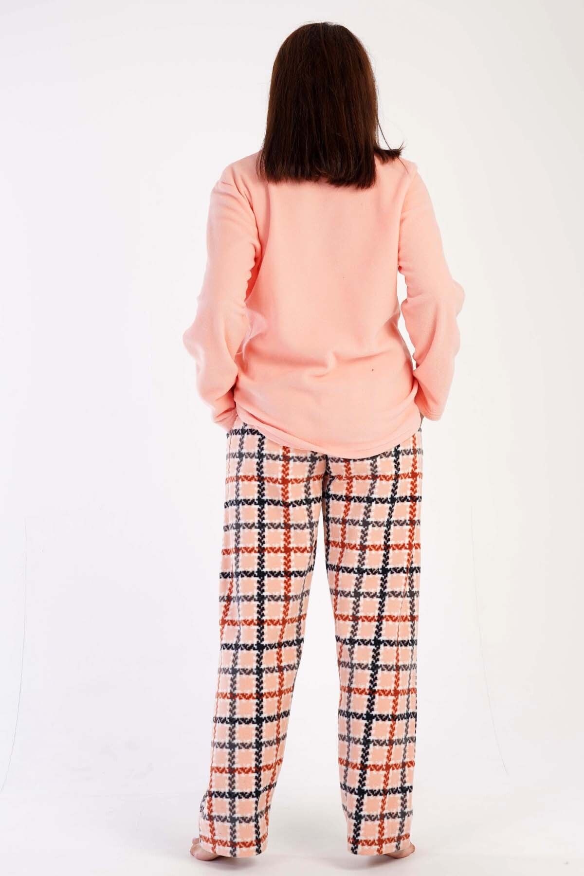 VİENETTA-Plus Size Women's Fleece Pajamas Set - Long Sleeve, 304198 4
