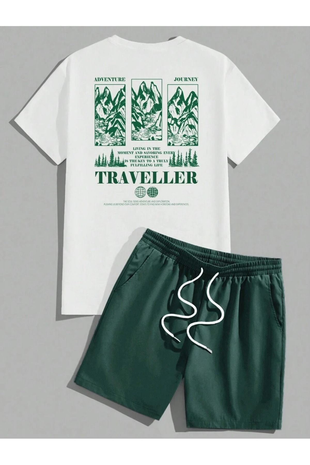 PERISENSE-Set de 2 pantaloni scurți cu imprimeu Traveler Set de tricou alb verde 1