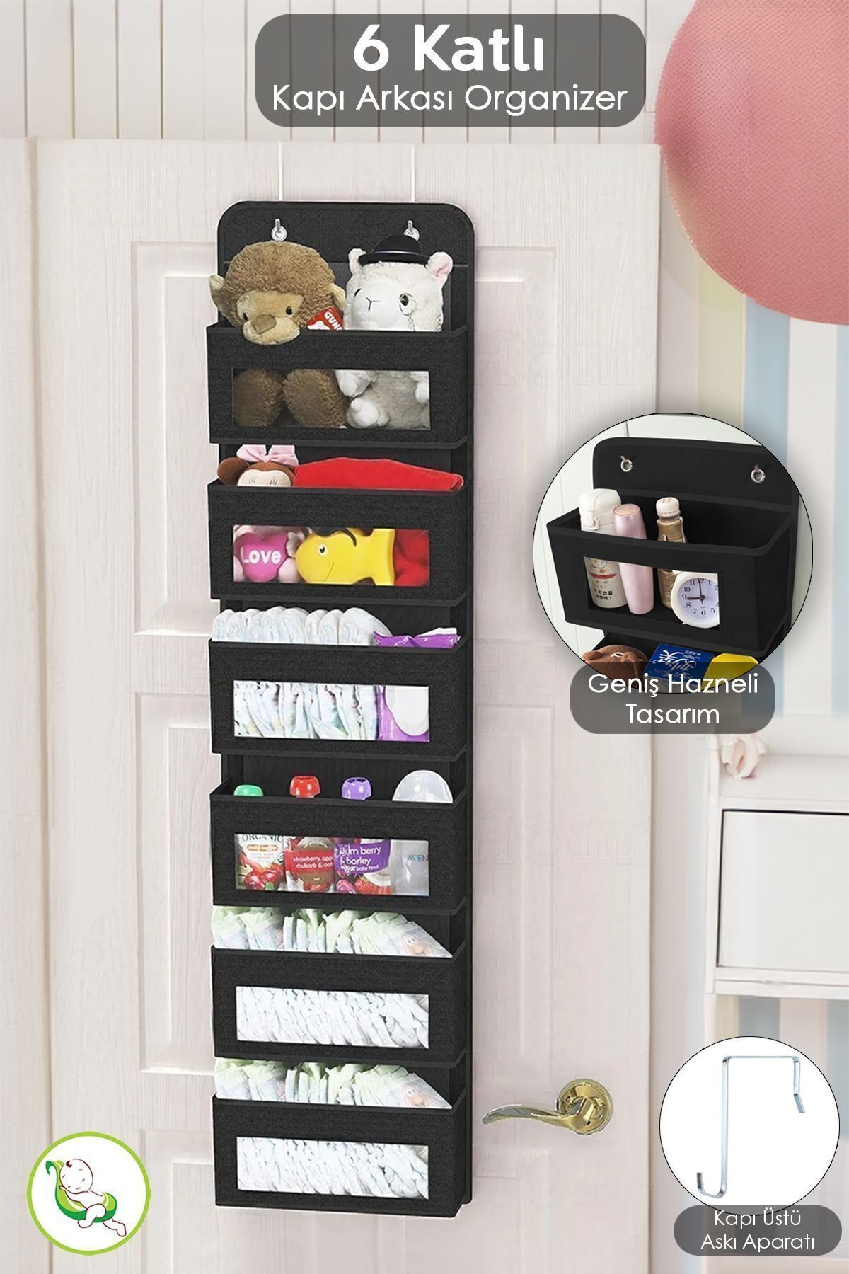 Baby Room Behind the Door Organizer - Children's Room Furniture Organizer - 6-Tier Shelf - Black