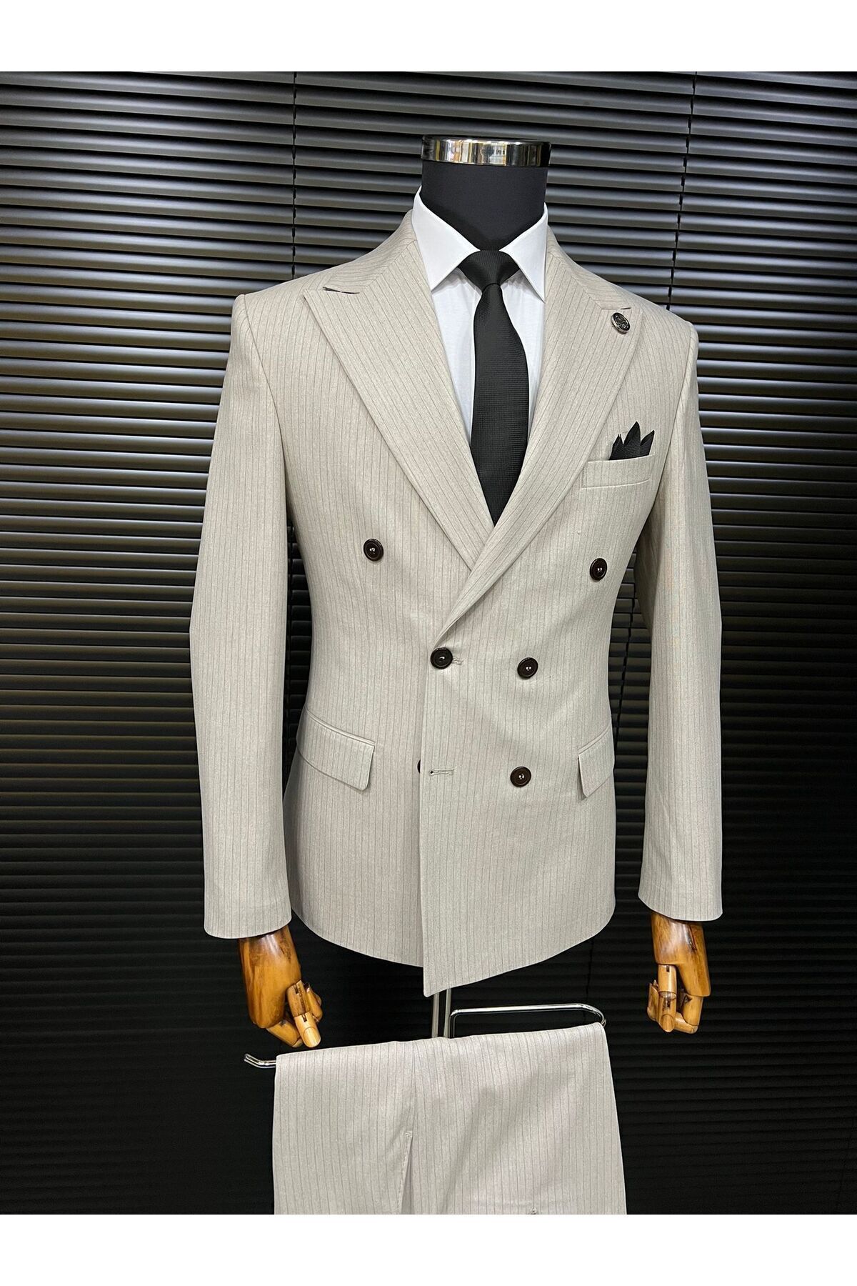 Terziayhan  bej slim fit çizgili kemik düğme kruvaze - Görsel 2