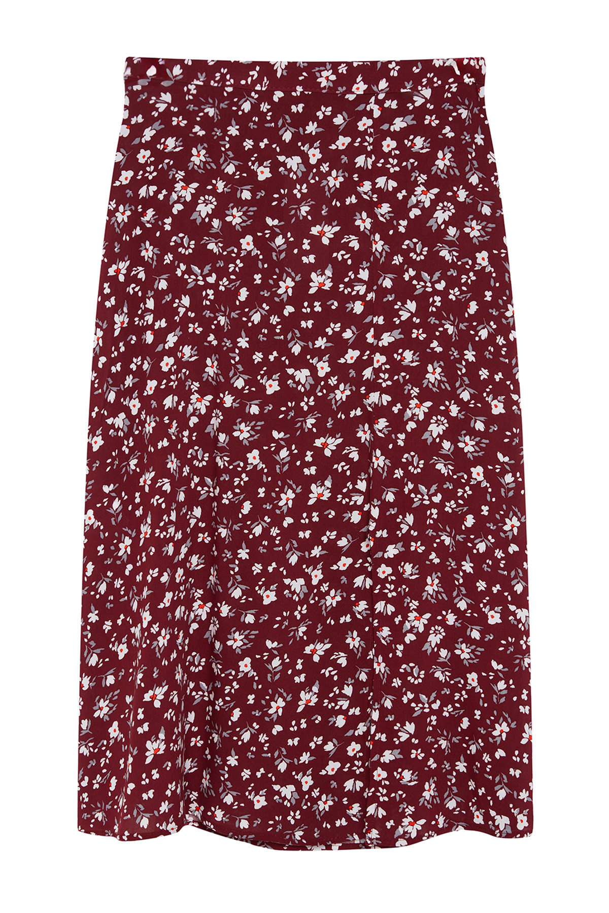 Trendyolmilla  Bordo Yırtmaç Detaylı Çiçek Desenli Viskon Kumaşlı Midi Dokuma Etek TWOSS20ET0230 - Görsel 13