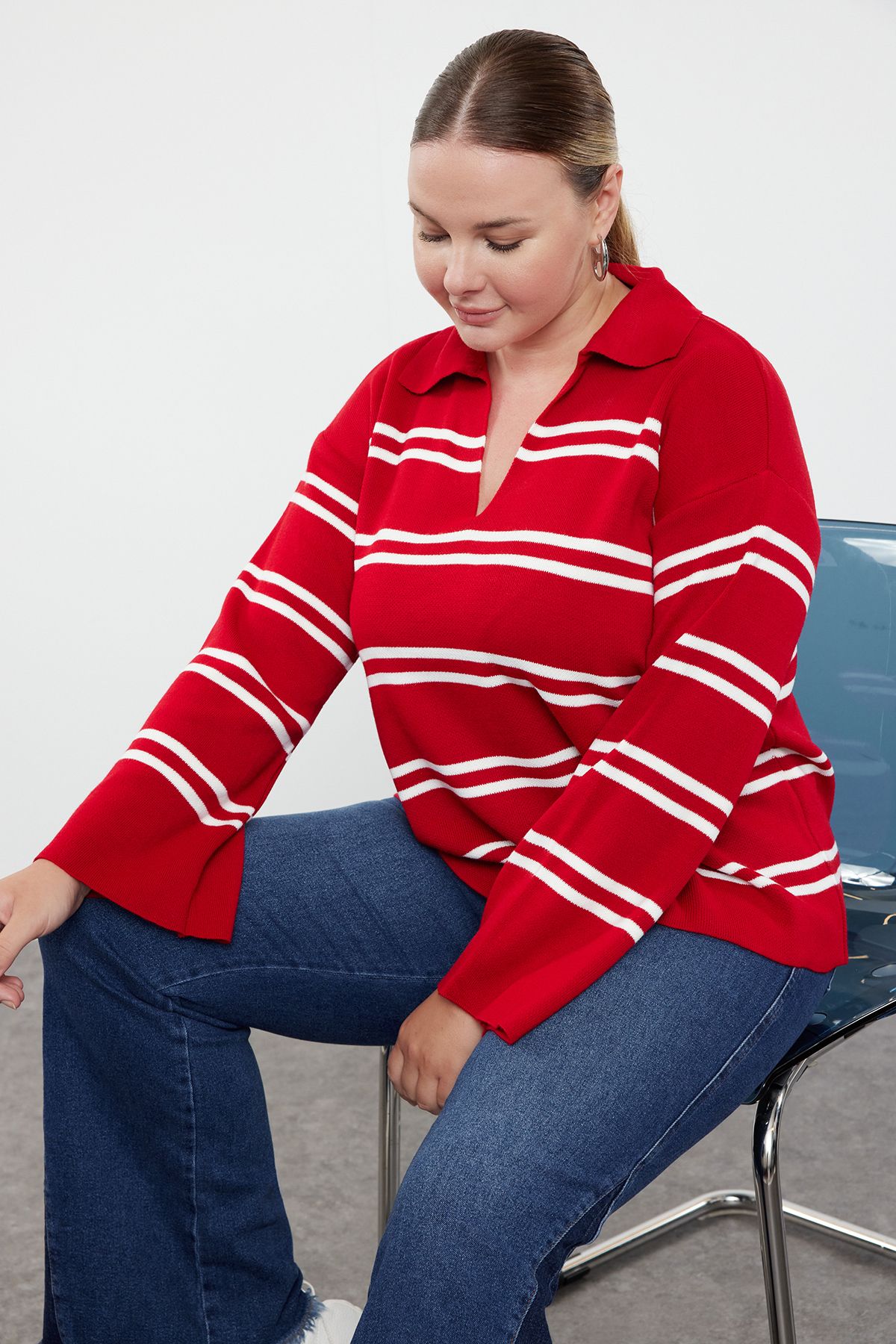 Trendyol Curve Sweter Z Dzianiny W Czerwone Paski - Kobieta - 2XL