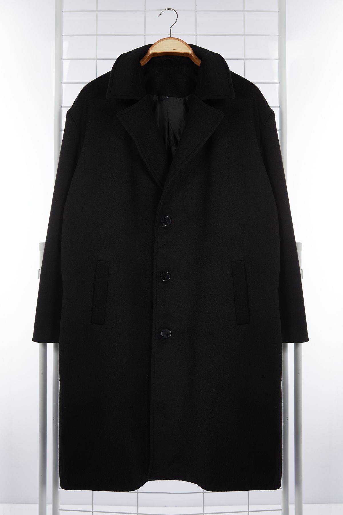 Trendyol Collection-Ανδρικό Oversize χειμερινό παλτό με γραμματόσημα - Μάλλινο ανάμεικτο μαύρο TMNAW25KB00004 6