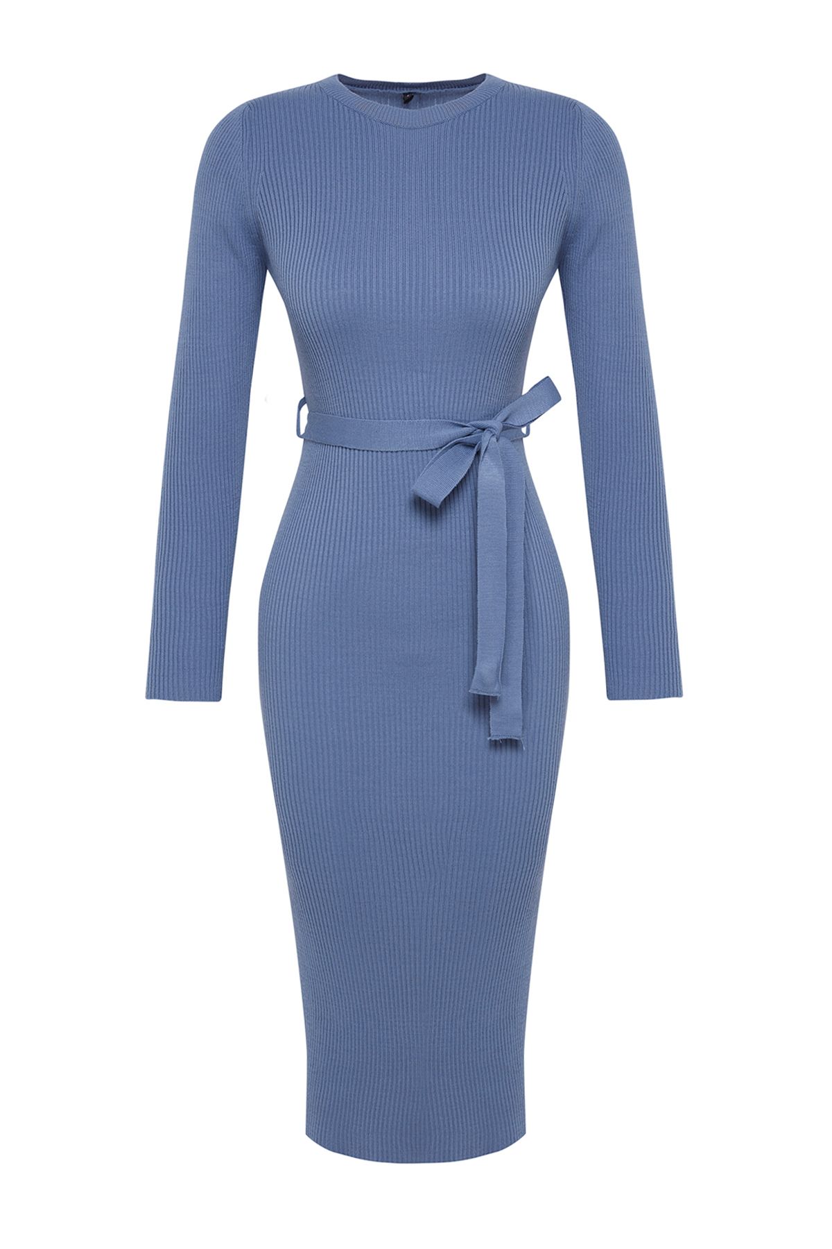 Trendyol Collection-Μπλε Μίντι Πλεκτό Φόρεμα με Λεπτομέρεια Ζώνης TWOAW22EL0009 6