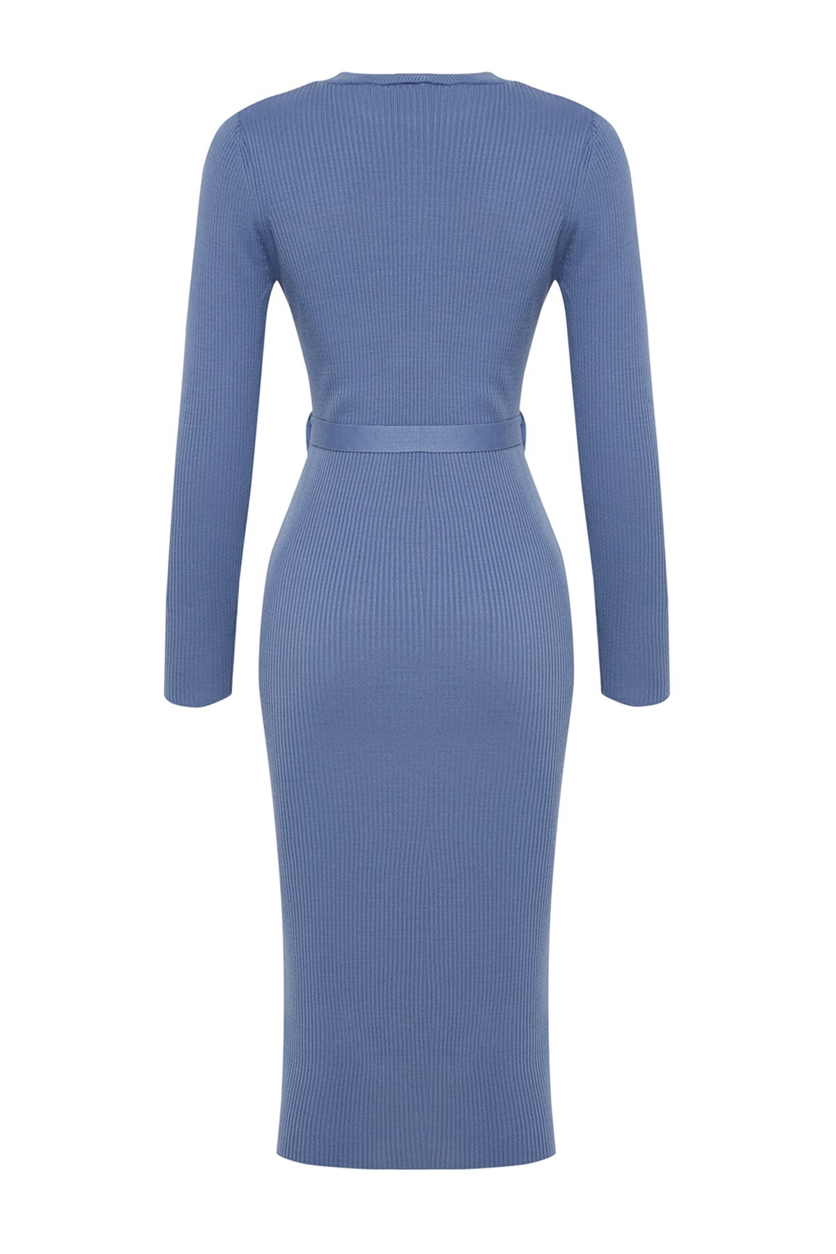 Trendyol Collection-Μπλε Μίντι Πλεκτό Φόρεμα με Λεπτομέρεια Ζώνης TWOAW22EL0009 7