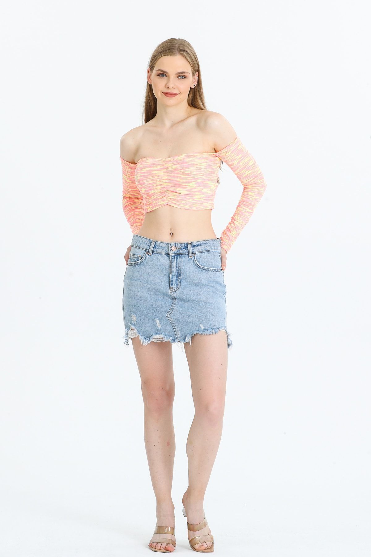 Neon Shades Open Shoulder Long Sleeve Crop ( Narrow Mold )
