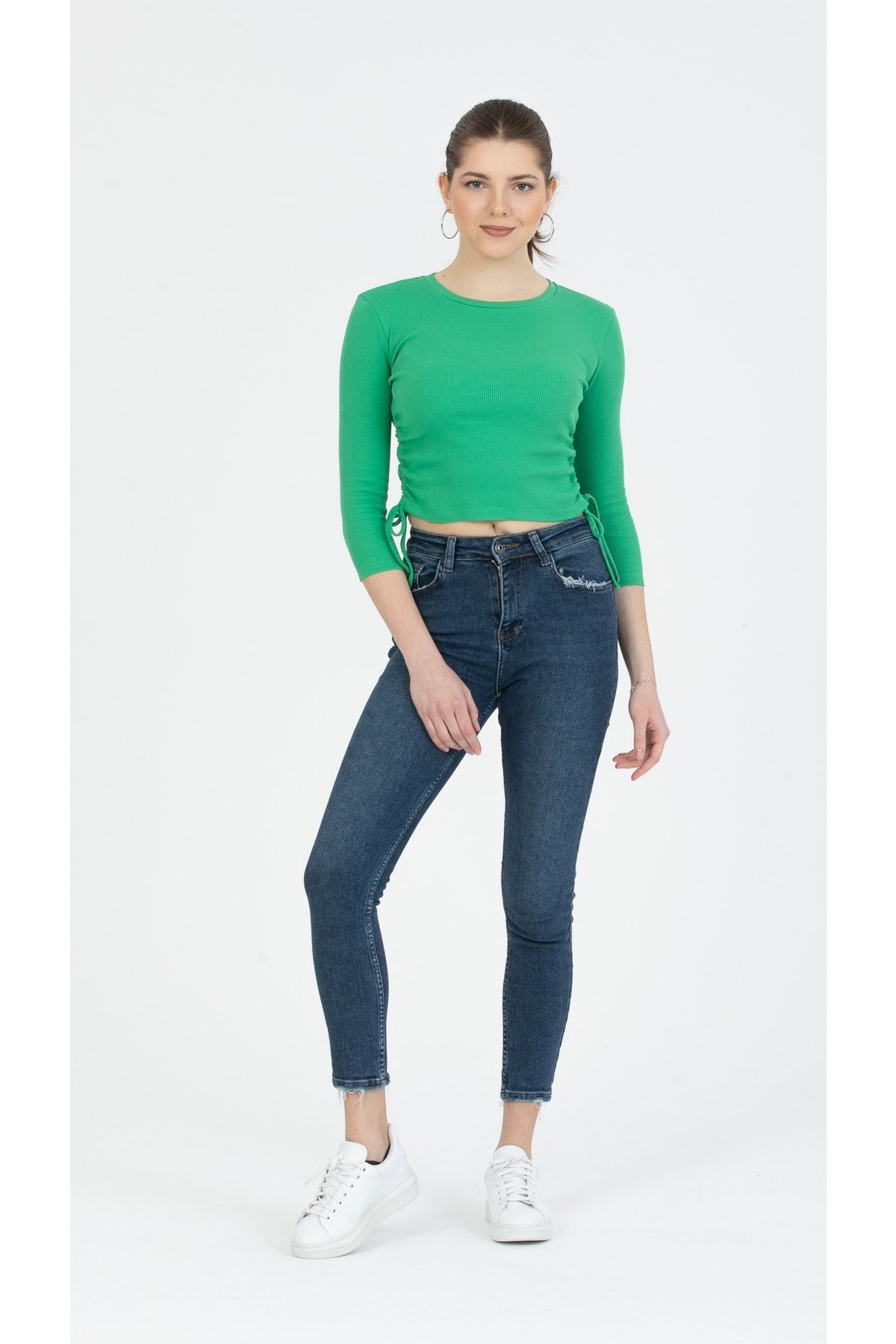 Grass Green Side Shirred Knitted Crop Blouse ( Slim Pattern )