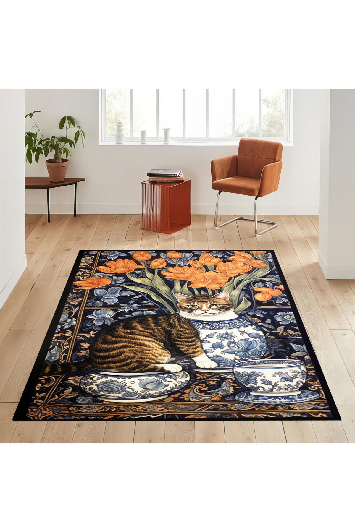 Mars 160 Kedi ve Blue Blanc Tema Etnik Deseni Dokuma Taban Halı