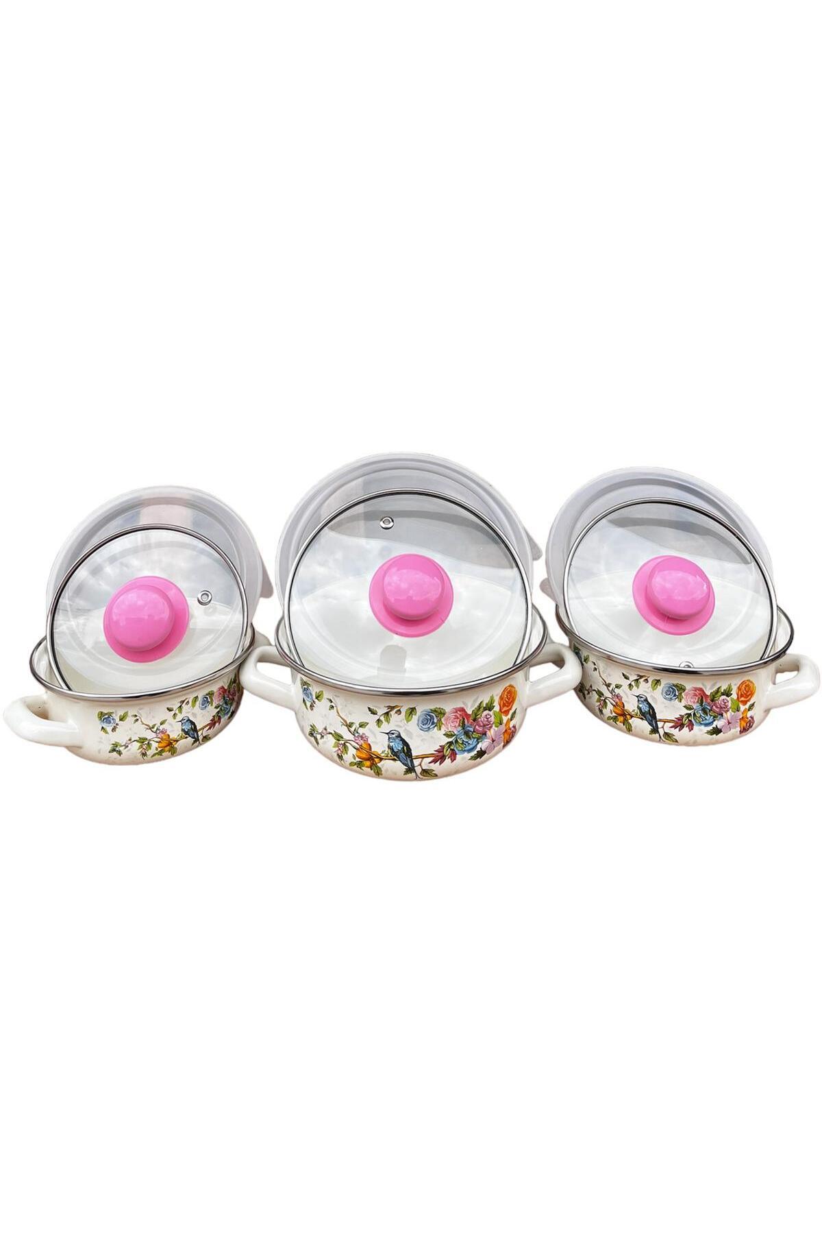 Pişir Sakla Tencere Seti Emaye Pişir Sakla Tencere Seti 9 Parça Kuş Desenli