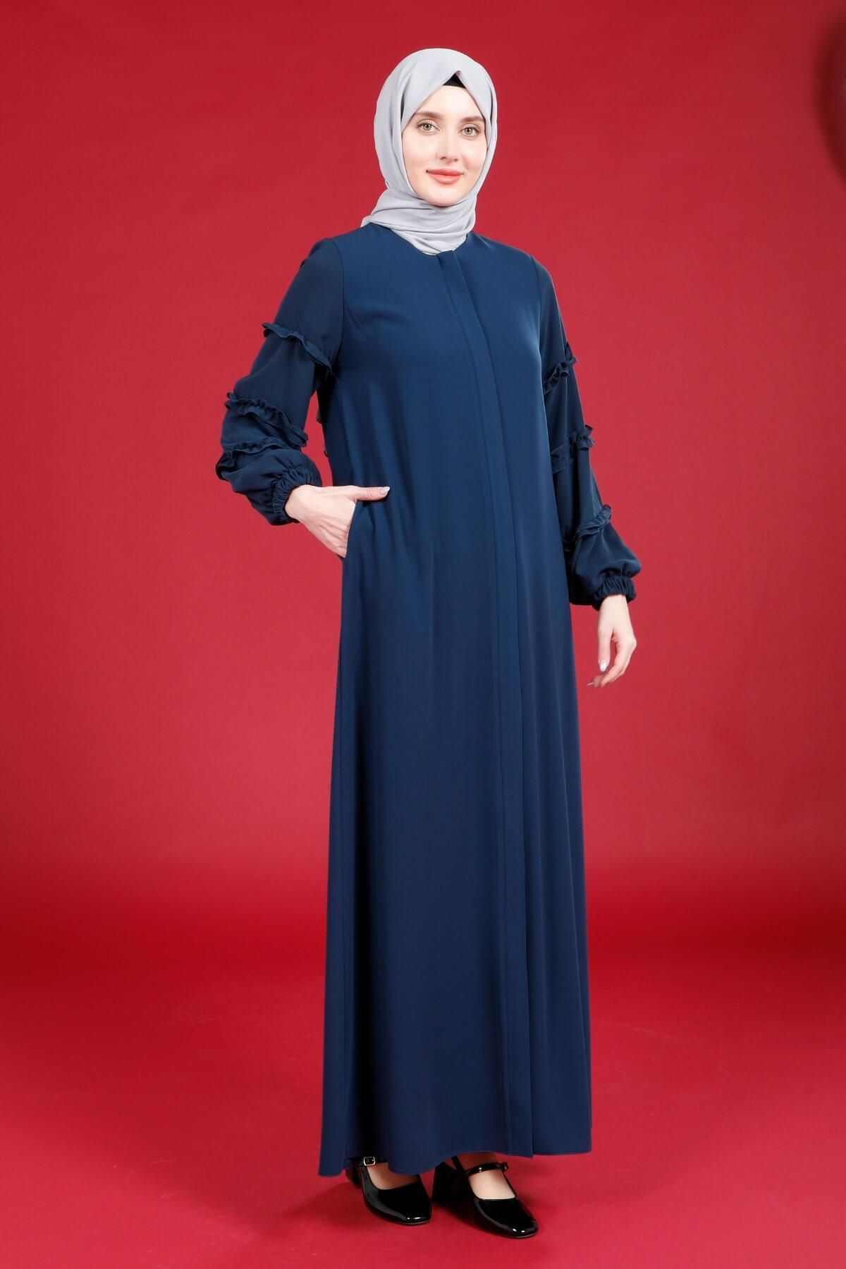 مانتو و عبای پوشیده زنانه ATLAS FRONT CLEE CLOSURE ARMS RUFFLED DISIGO COLOR SAMARA FERACE 3770 Beyza