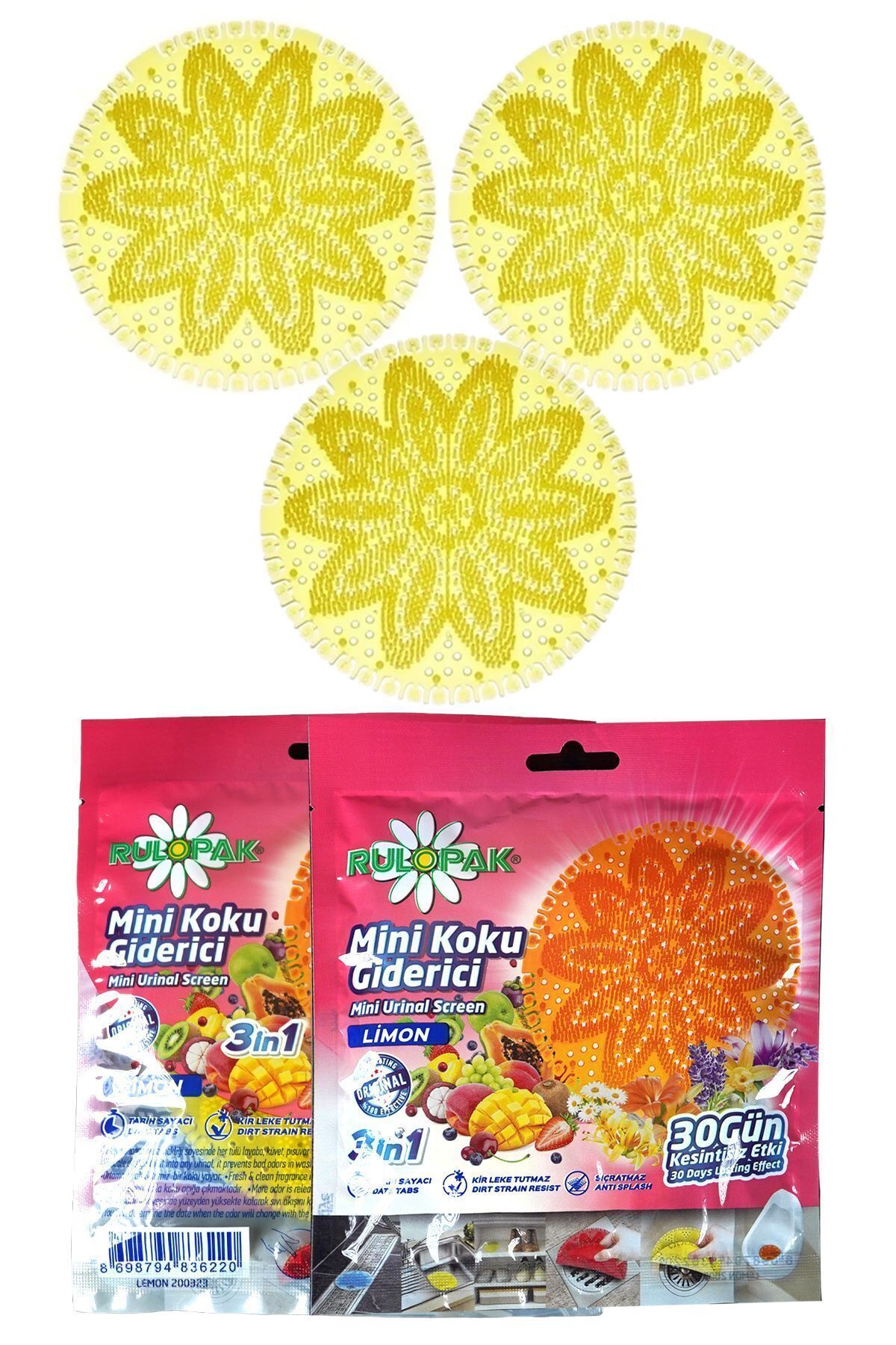 Rulopak Mini Lavabo Pisuvar Süzgeci Koku Giderici (Limonlu) 3'Lü Paket