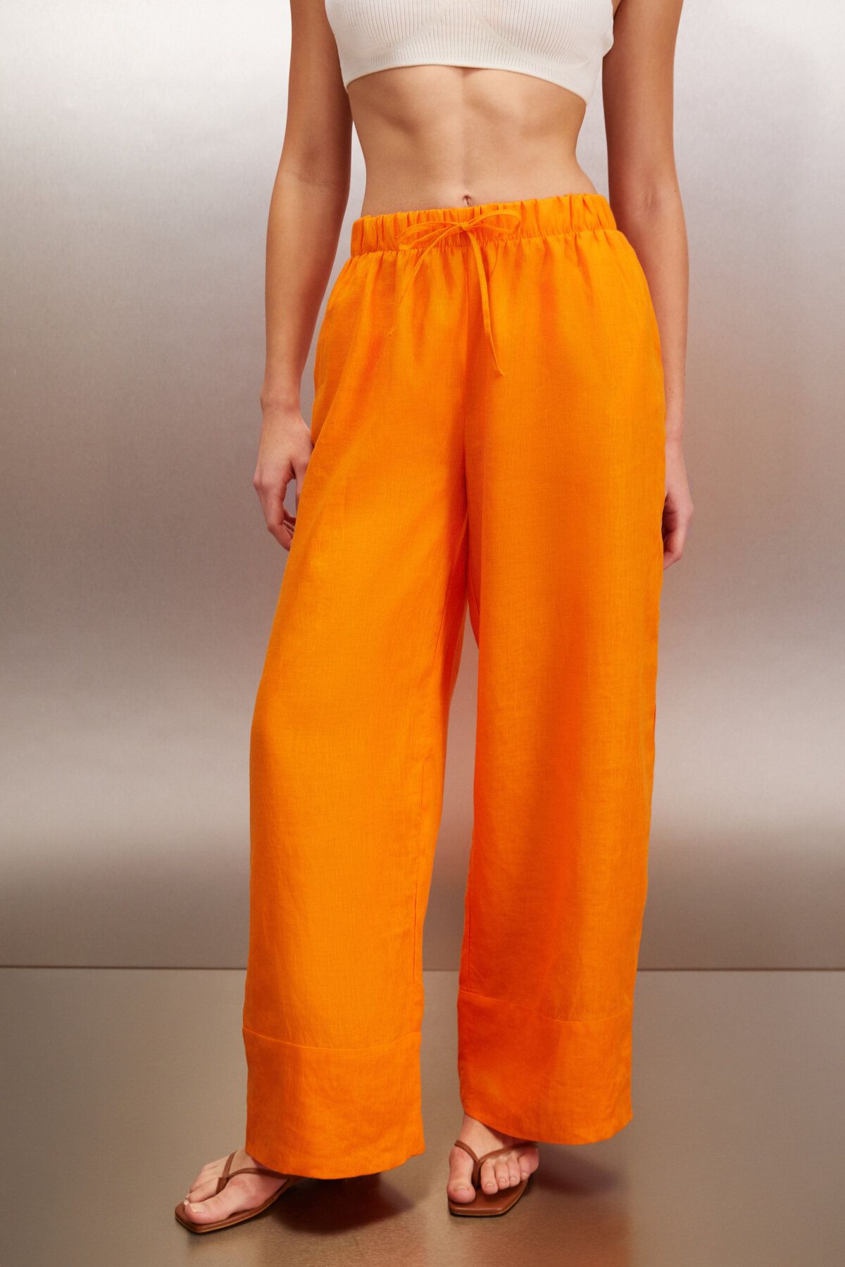 GRIMELANGE-Linen Orange MELANTHA Women's Trousers 5