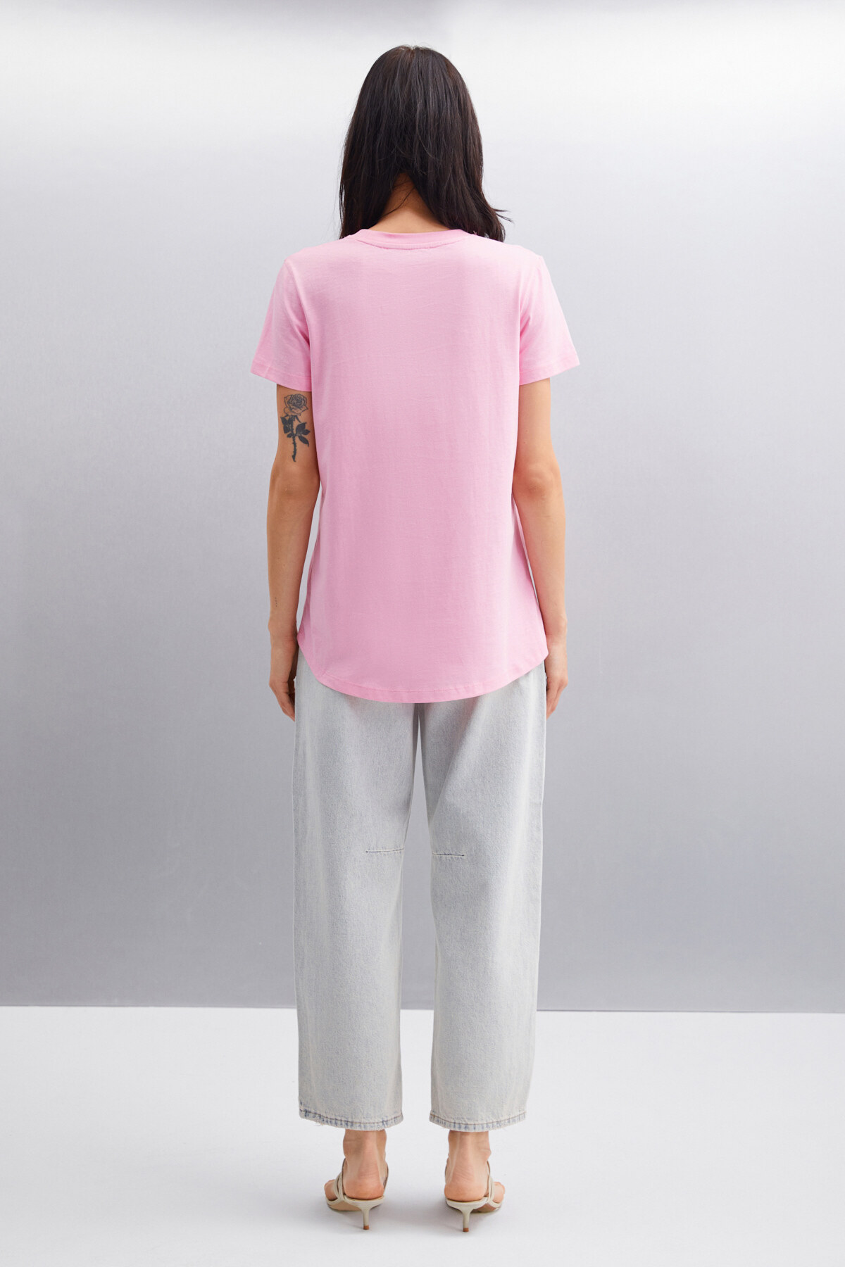 GRIMELANGE  Samantha Kadın %100 Organik Pamuklu Comfort Fit Arkası Uzun Basic Örme Pembe T-shirt - Görsel 6