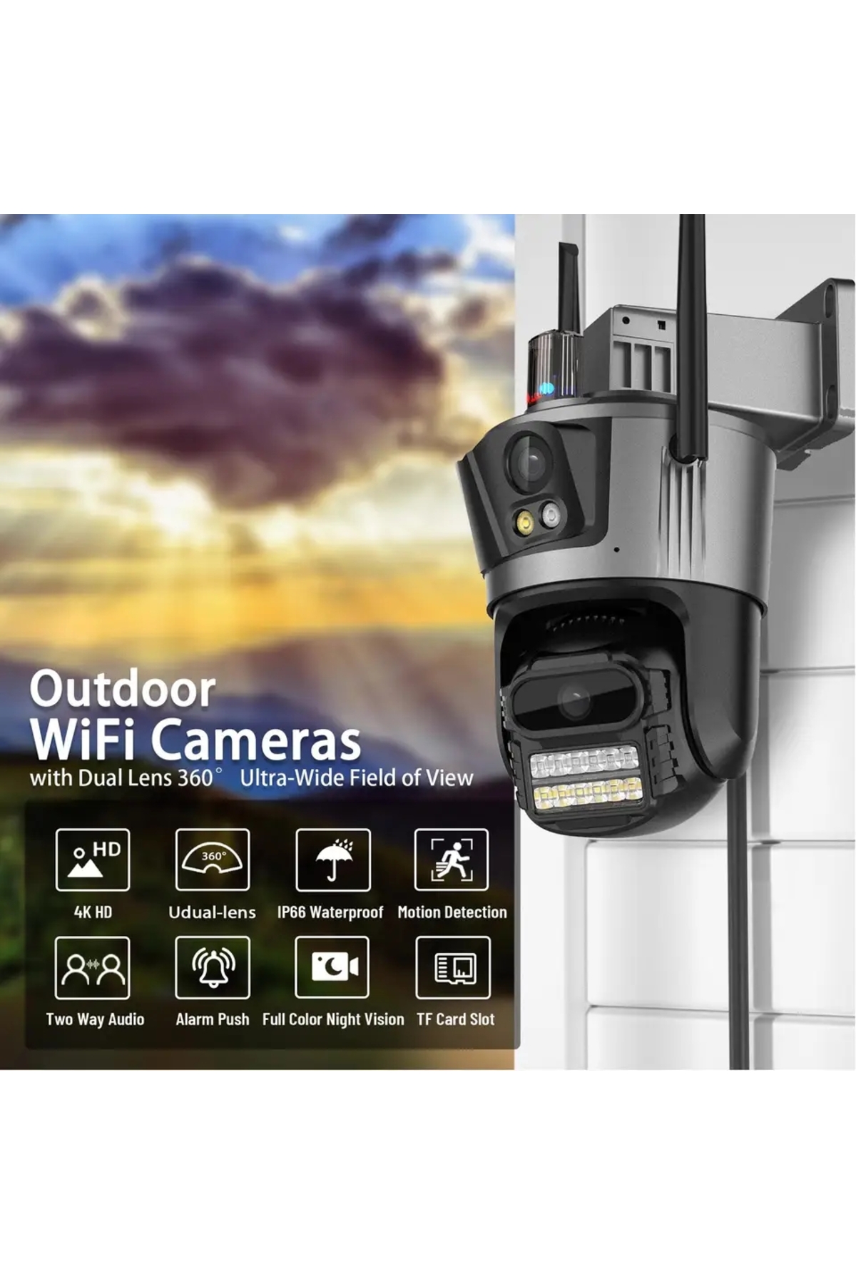GLRTech 4MP 4K Ultra HD Çift Lens IP Kamera Hareketli Dış Mekan GeceGörüş Su Geçirmez WİFİ Güvenlik Kamerası