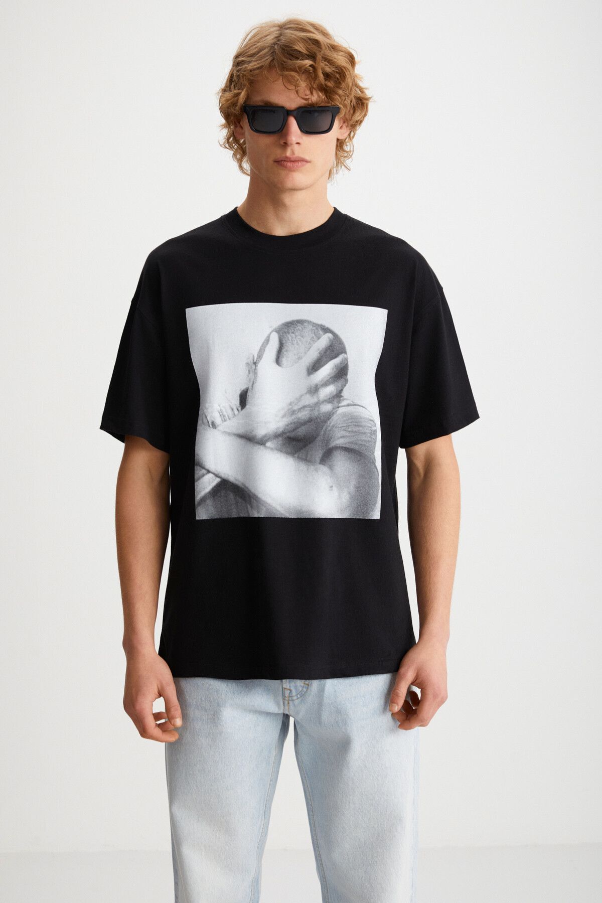 GRIMELANGE-Tricou negru din bumbac organic Elvis pentru bărbați, cu imprimeu cu textura groasă, cu croiala supradimensionată și 100 3
