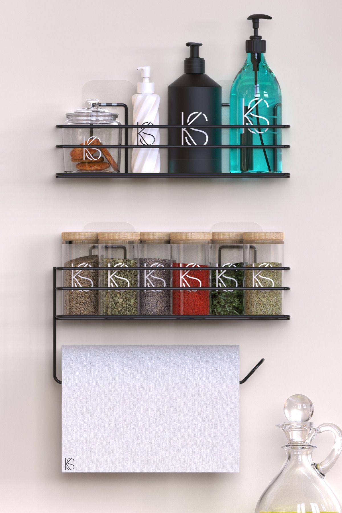 KILINÇ STORE Yapışkanlı Baharatlık 2 Li Metal Kağıt Havluluk Siyah Baharat Standı Mutfak Rafı Banyo Rafı