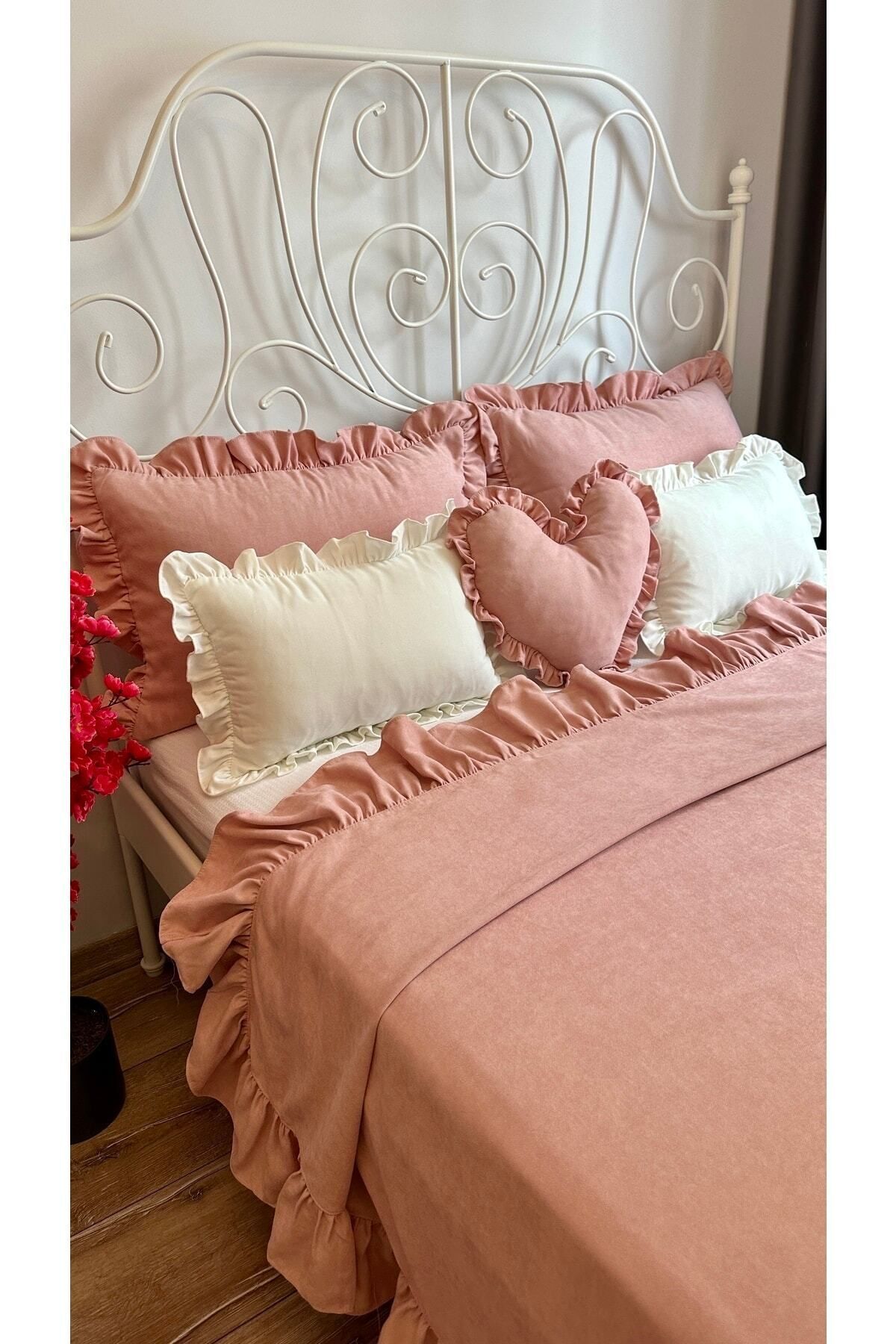 Decamor home-طقم مفرش سرير وردي مسحوق مكشكش لشخص واحد 5