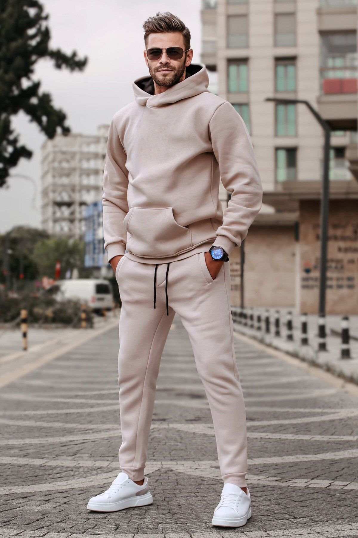 mens beige hooded pouffe 3-point raised cotton  tracksuit