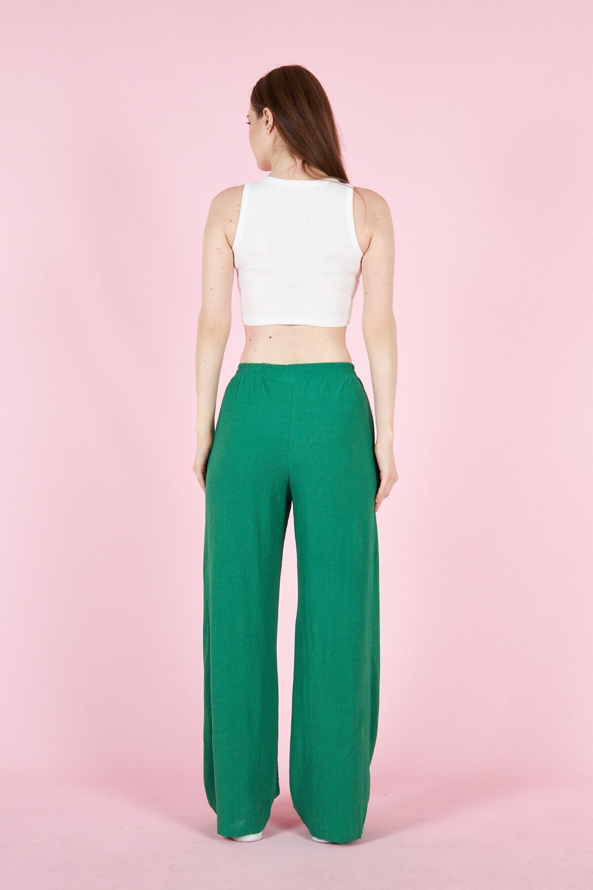 YAKAMEL-Women's Green Textured Loose Summer Stretchy Palazzo Pants 2