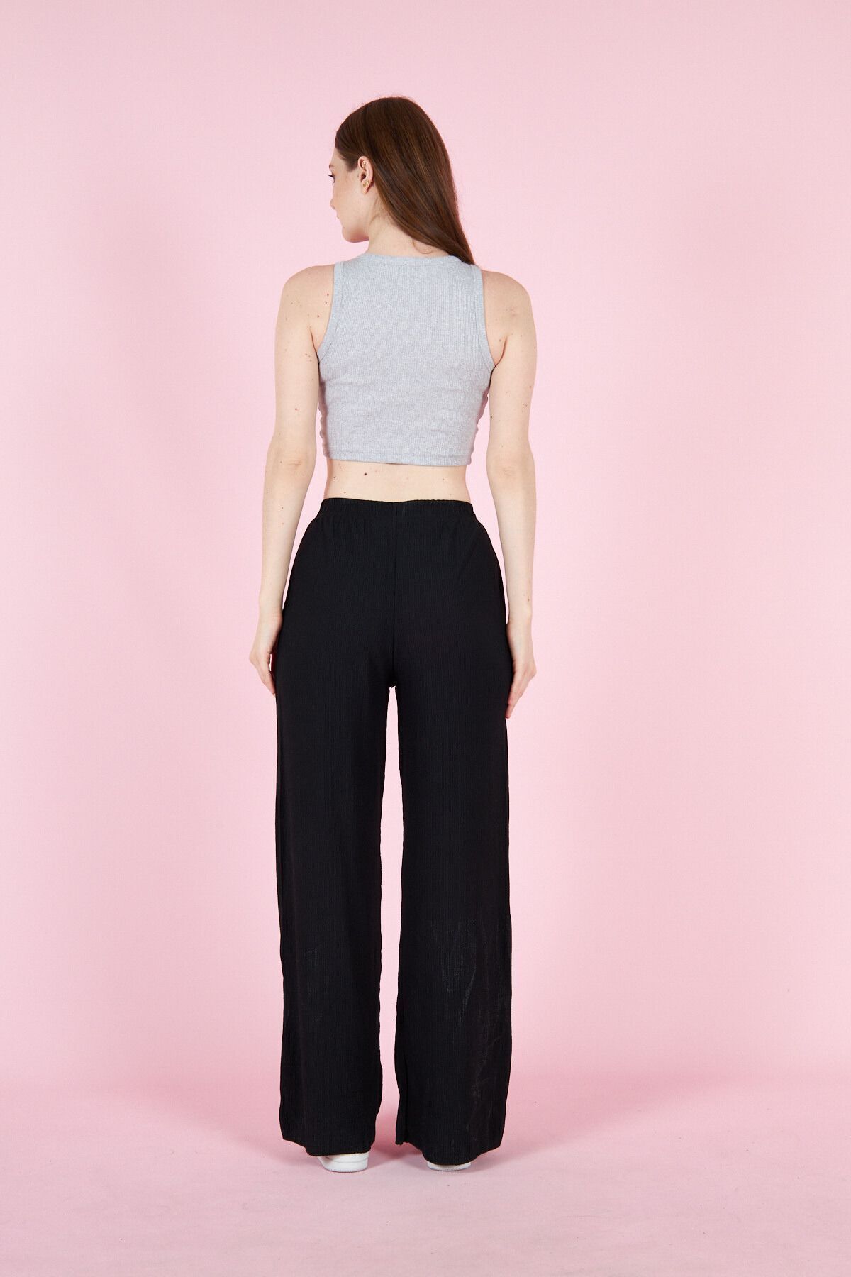 YAKAMEL-Women's Black Textured Loose Summer Stretchy Palazzo Pants 4