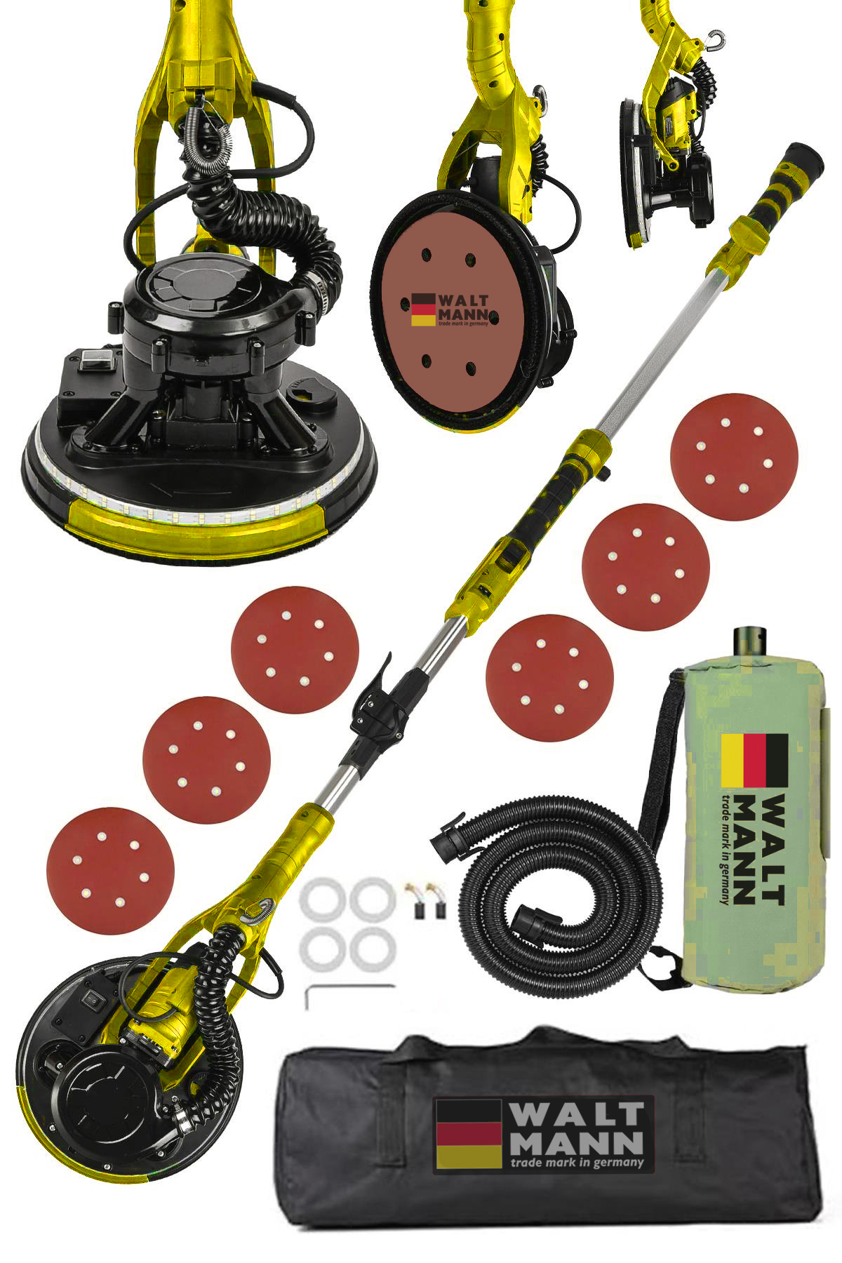 WaltMann Germany 360'Ledli 850W Pro Alçıpan Duvar Zımpara Makinası Toz Emmeli Sarı