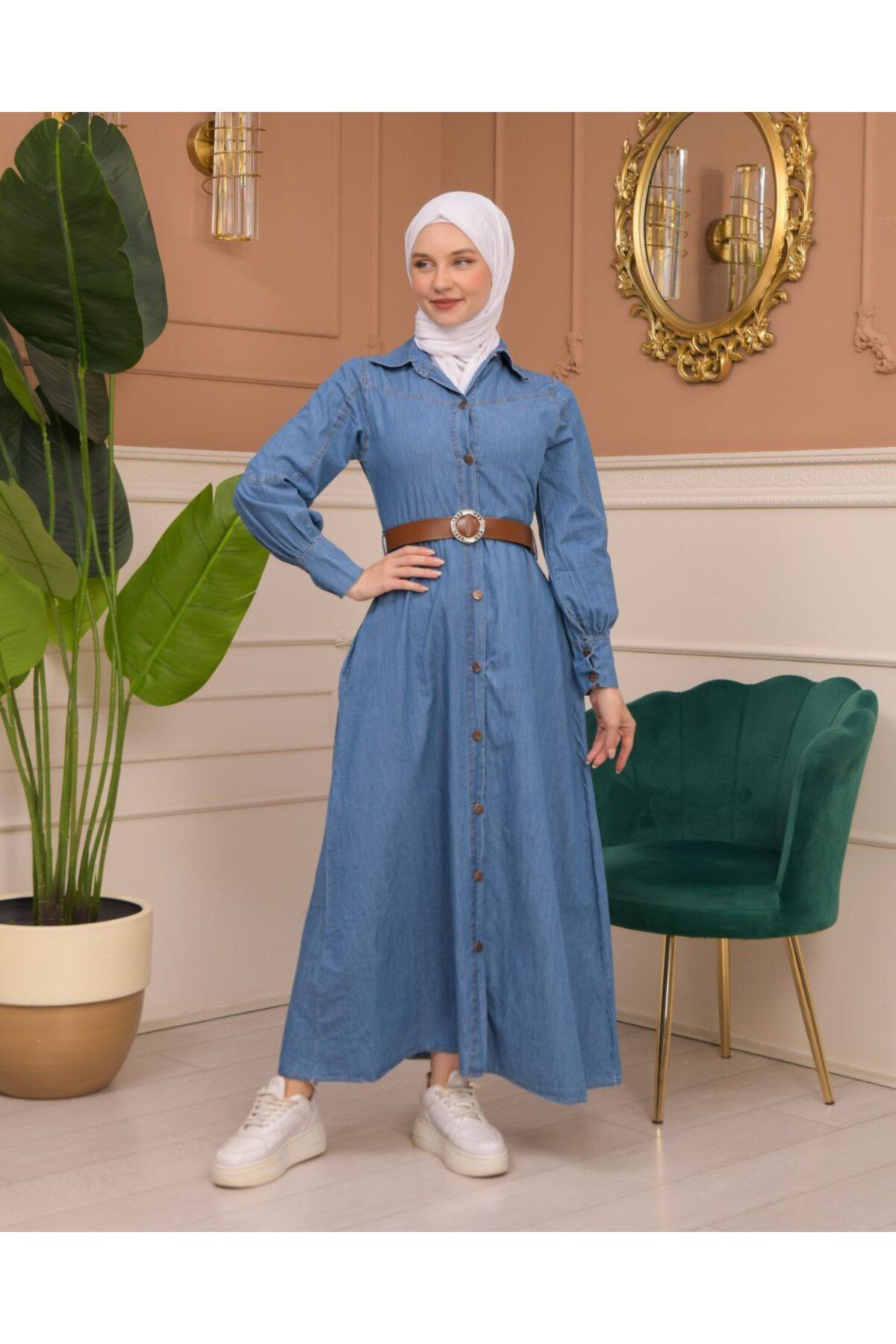 KB STANBUL Belted Buttoned Hijab Denim Dress Trendyol