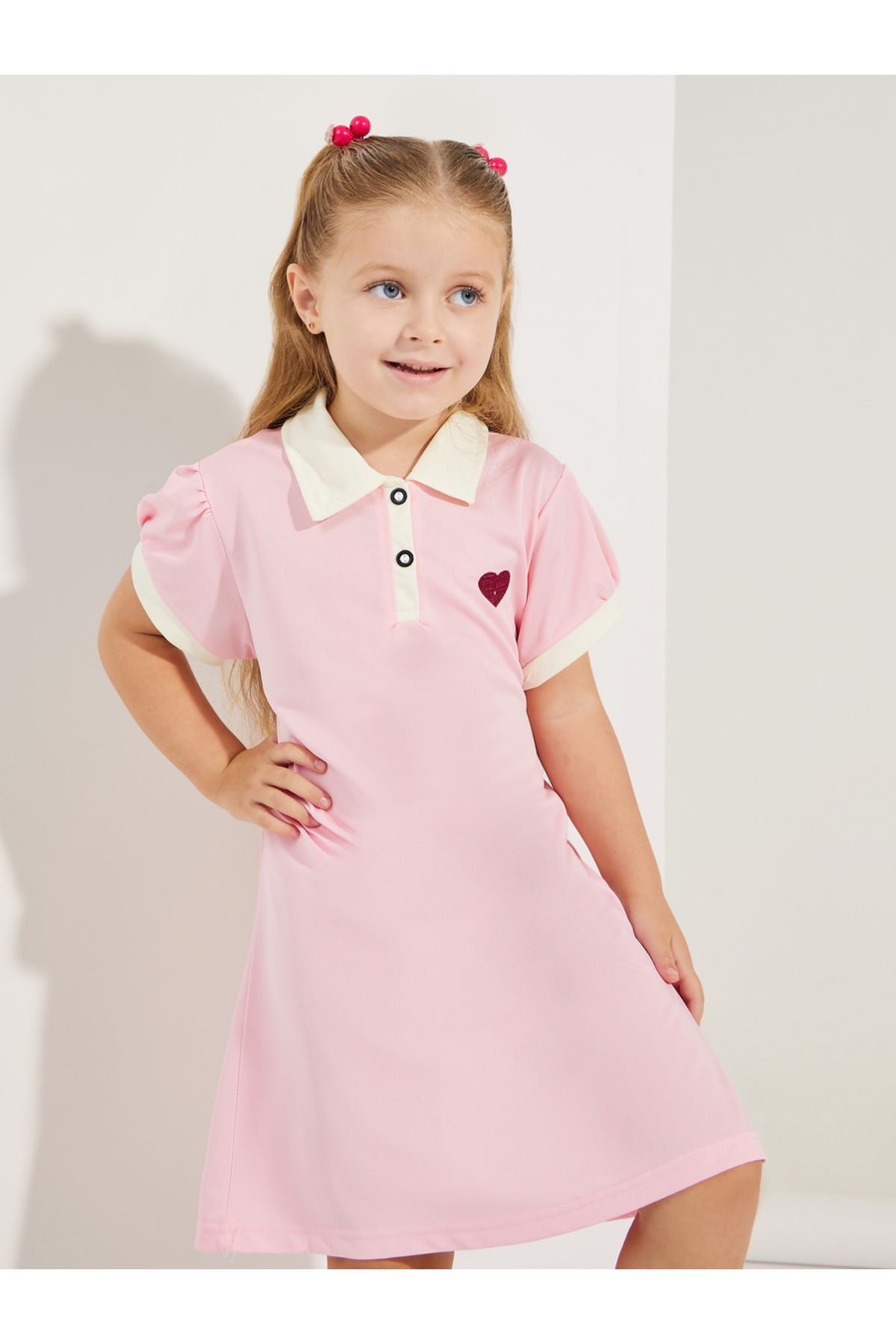 Styli-Preppy Heart Embroidery Cotton Polo Dress 2