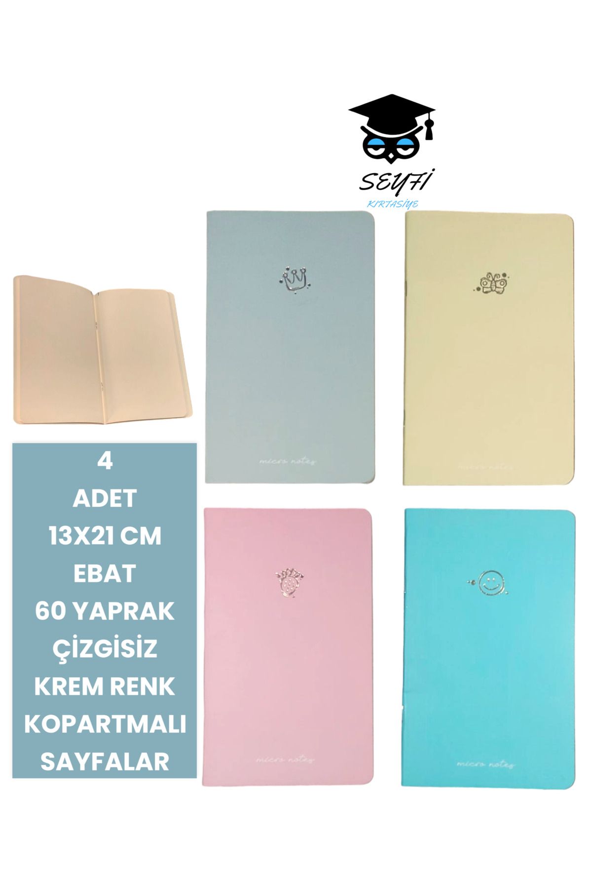 SEYFİKİRTASİYE-مجموعة مفكرة مكونة من 60 ورقة مخططة بلون كريمي مكونة من 4 قطع مقاس 13 × 21 سم 1