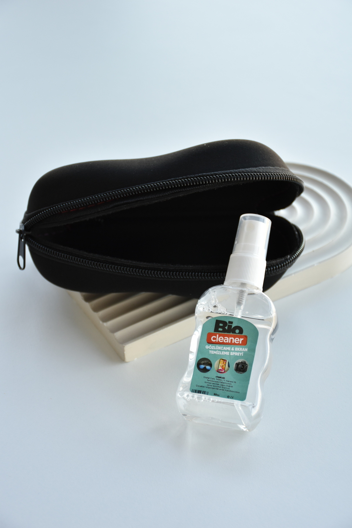 LOOKUP NEW Siyah Fermuarlı Çizilme Önleyici Gözlük Kabı Kılıfı Kutusu ve Gözlük Temizleme Suyu Spreyi