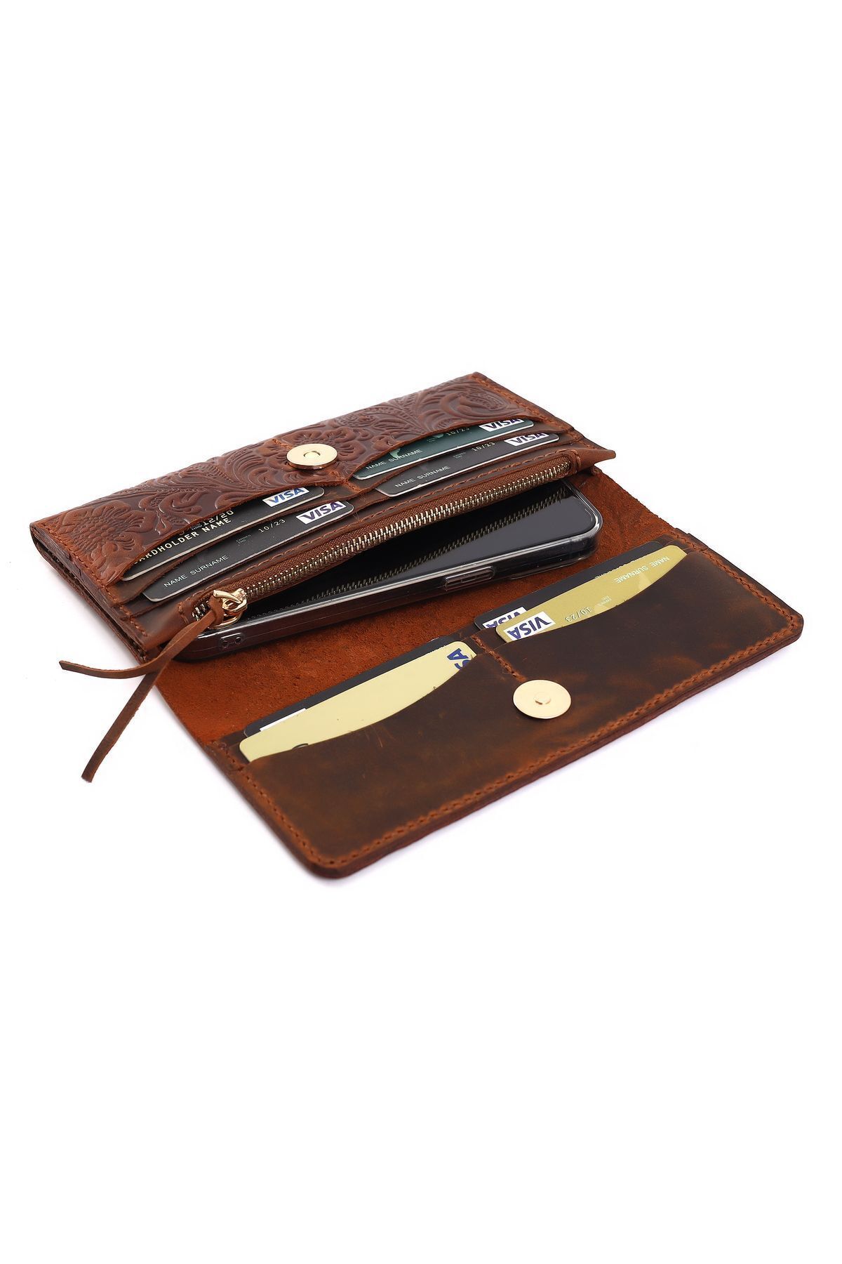 Handmade Genuine Leather Women Wallet, 8 Cards, 2 Banknotes, Mobile Phone & Coin Pocket, Hand Stitching