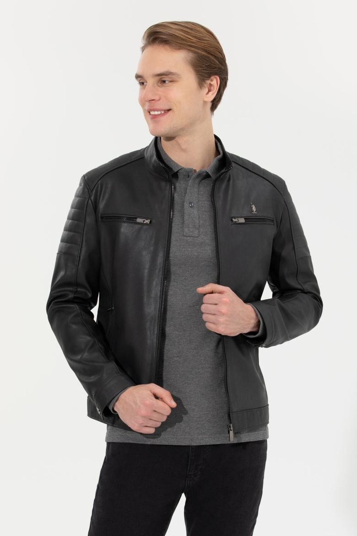 U.S. Polo Assn. Anthracite Men s Leather Jacket Trendyol