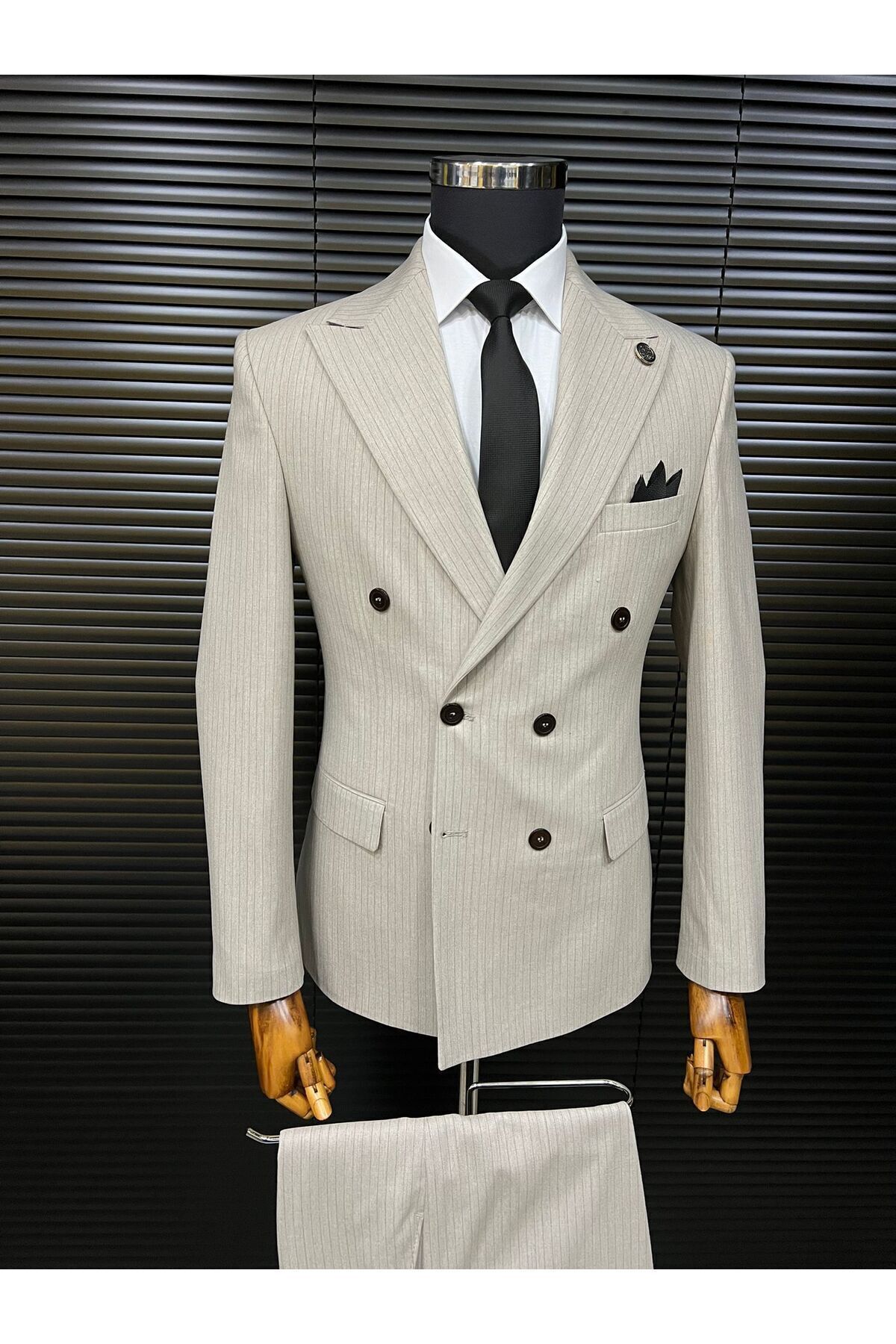 Terziayhan bej slim fit çizgili kemik düğme kruvaze